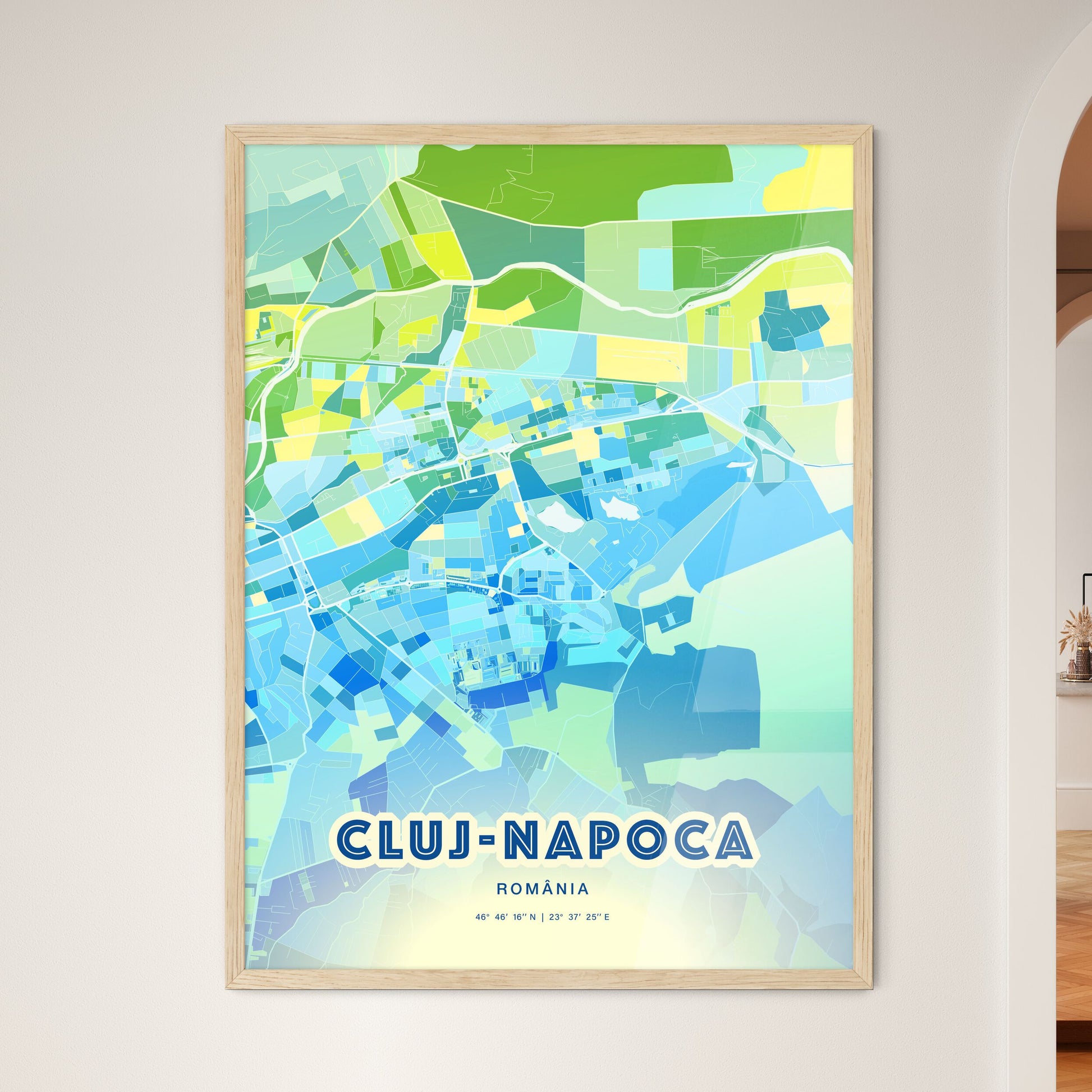 Colorful CLUJ-NAPOCA ROMANIA Fine Art Map Cool Blue