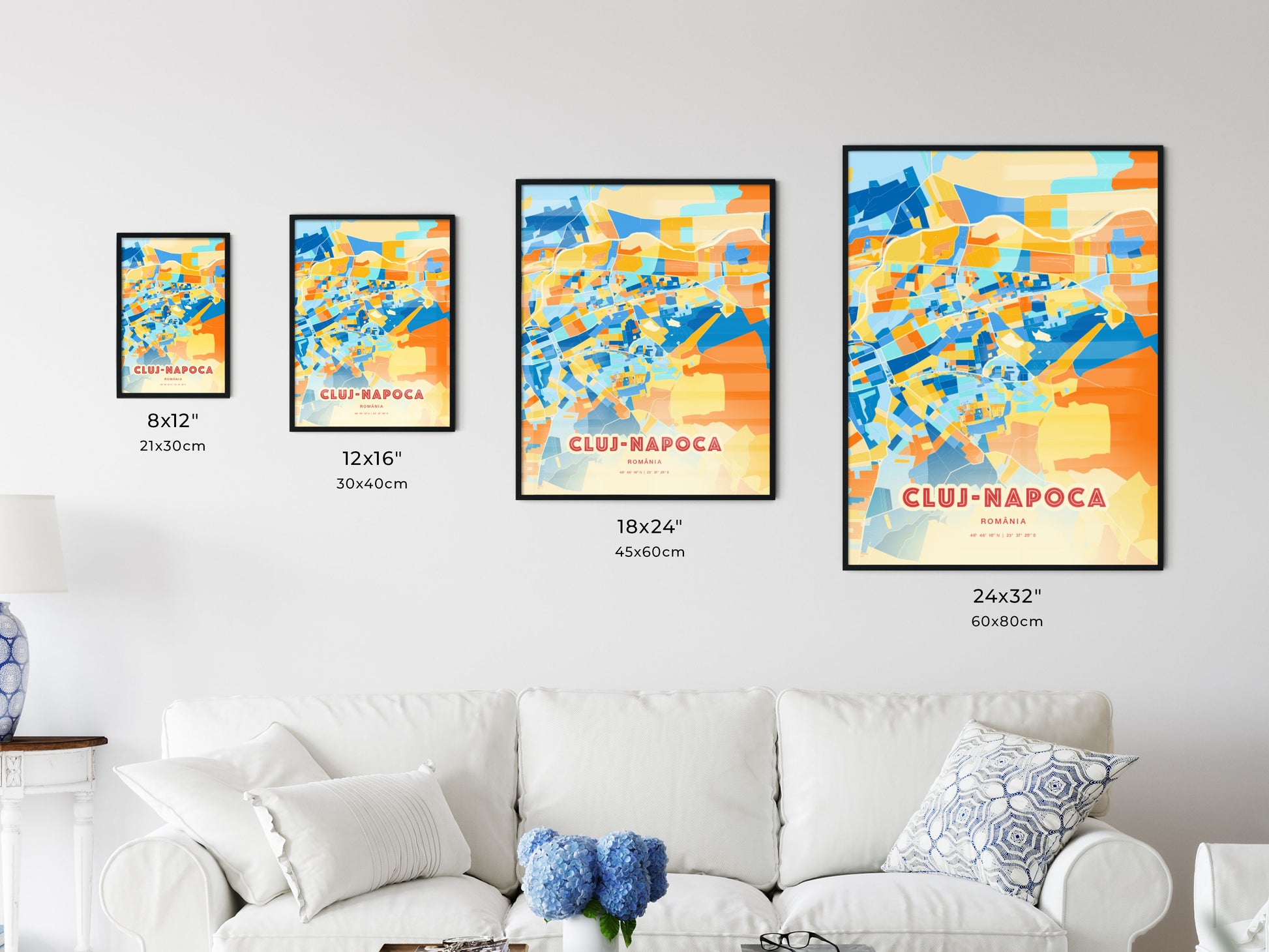 Colorful CLUJ-NAPOCA ROMANIA Fine Art Map Blue Orange