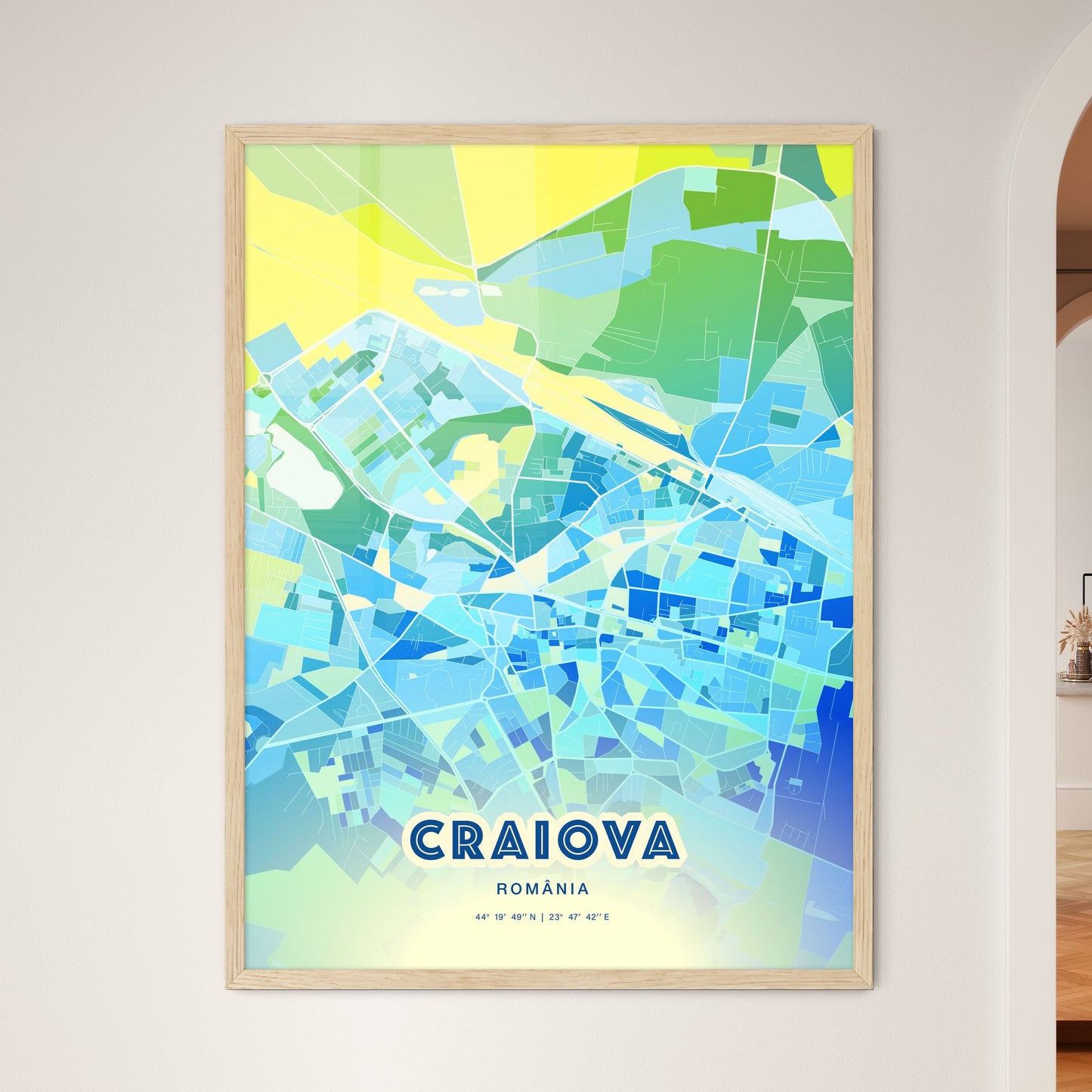 Colorful CRAIOVA ROMANIA Fine Art Map Cool Blue