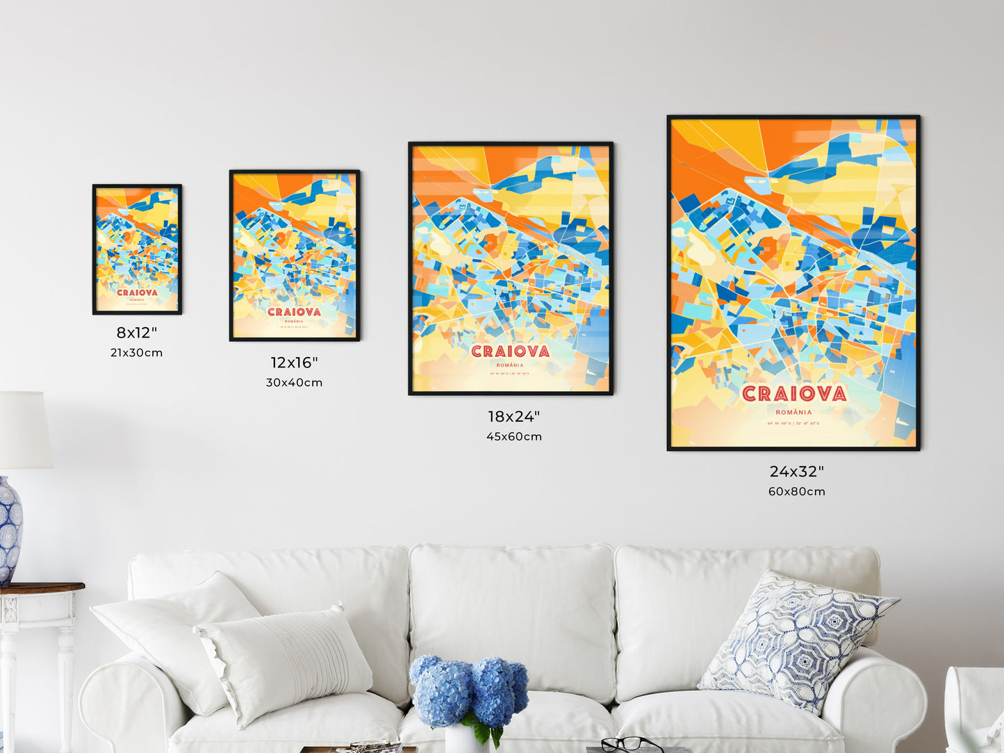 Colorful CRAIOVA ROMANIA Fine Art Map Blue Orange