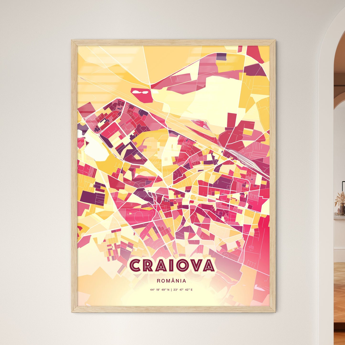 Colorful CRAIOVA ROMANIA Fine Art Map Hot Red