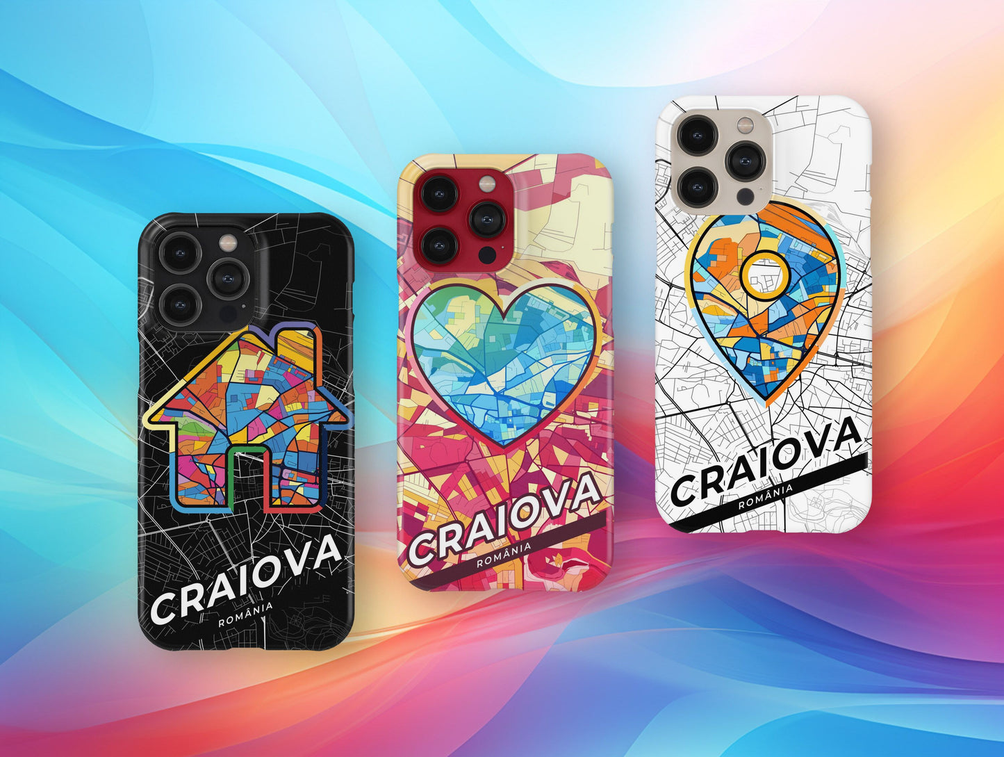 Craiova Romania slim phone case with colorful icon. Birthday, wedding or housewarming gift. Couple match cases.