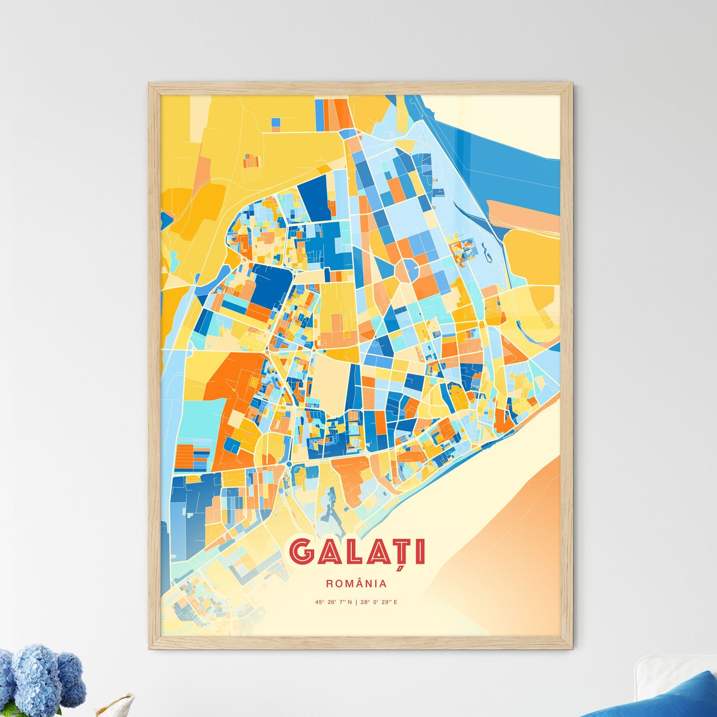 Colorful Galați Romania Fine Art Map Blue Orange