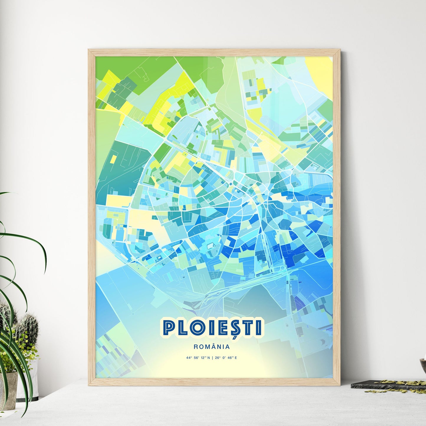 Colorful PLOIEȘTI ROMANIA Fine Art Map Cool Blue