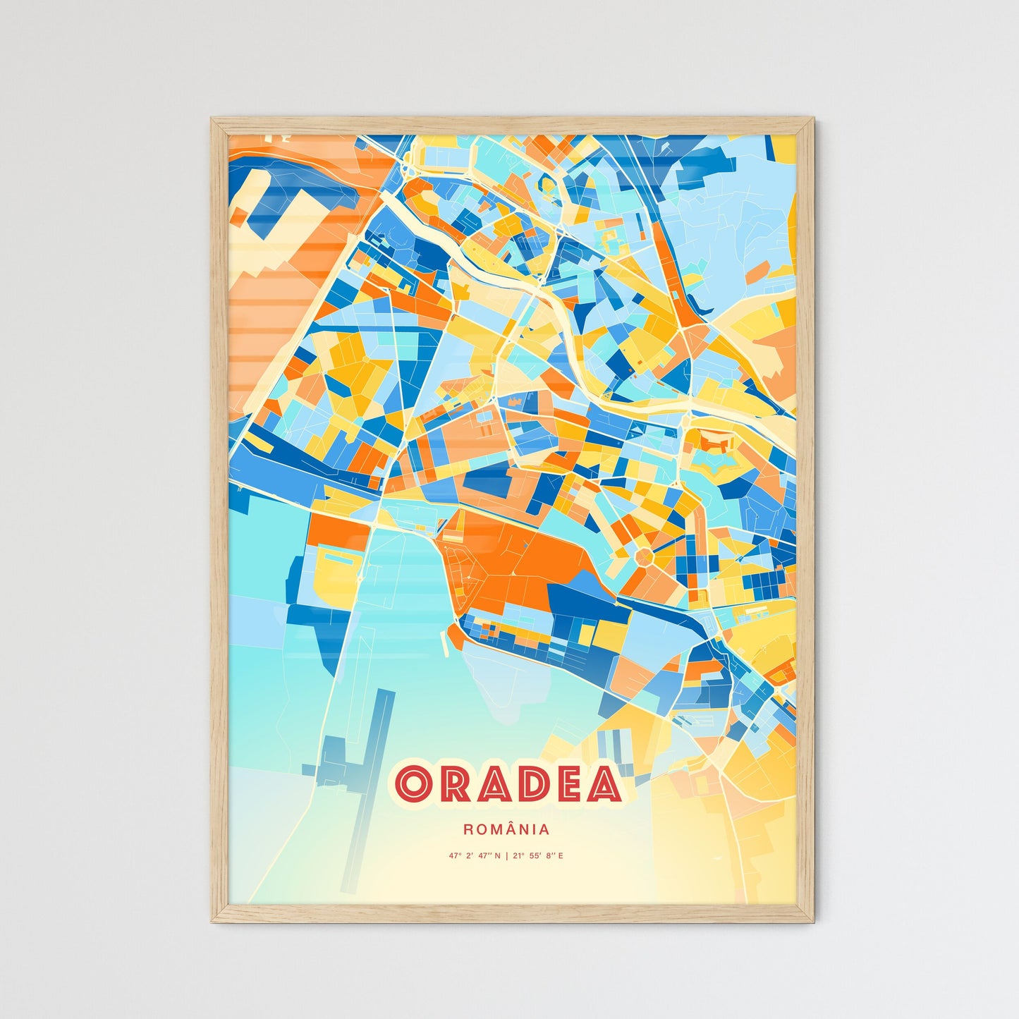 Colorful ORADEA ROMANIA Fine Art Map Blue Orange