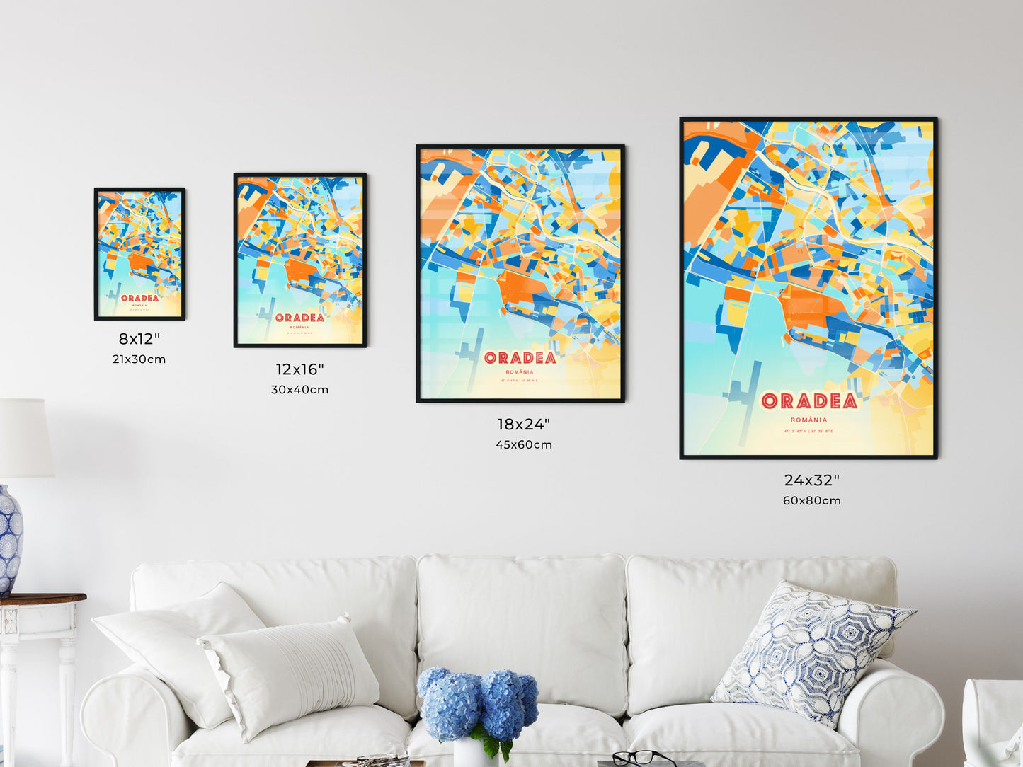 Colorful ORADEA ROMANIA Fine Art Map Blue Orange