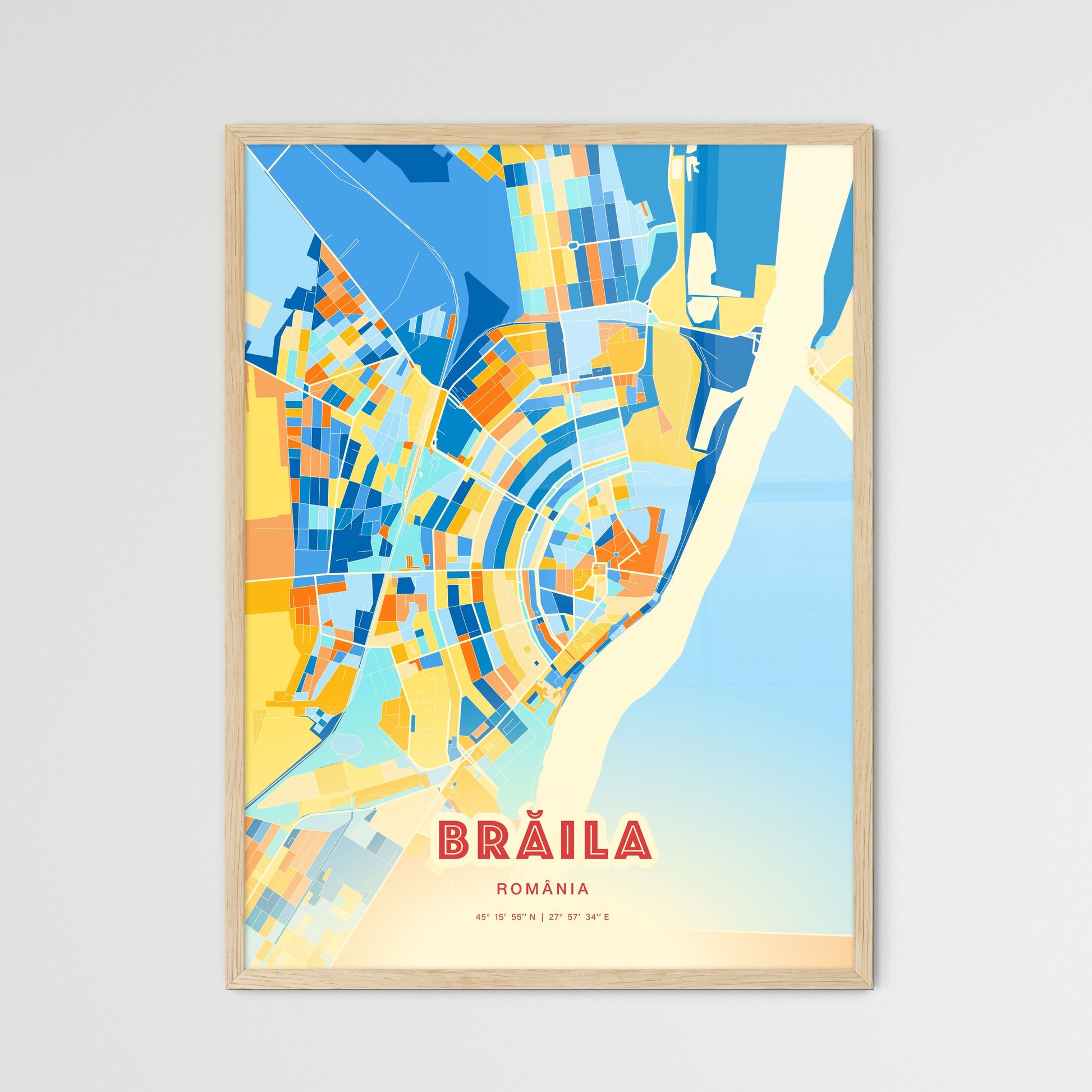 Colorful BRĂILA ROMANIA Fine Art Map Blue Orange