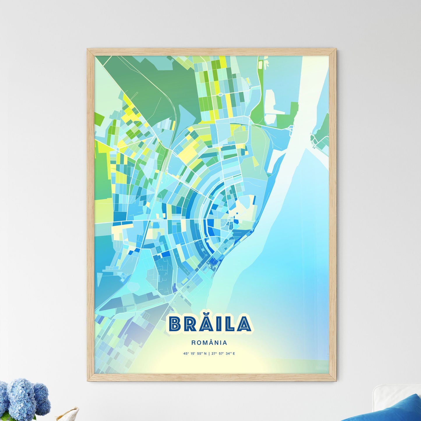 Colorful BRĂILA ROMANIA Fine Art Map Cool Blue