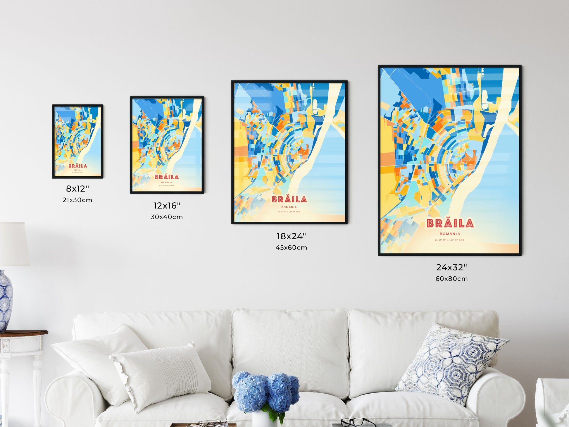 Colorful BRĂILA ROMANIA Fine Art Map Blue Orange