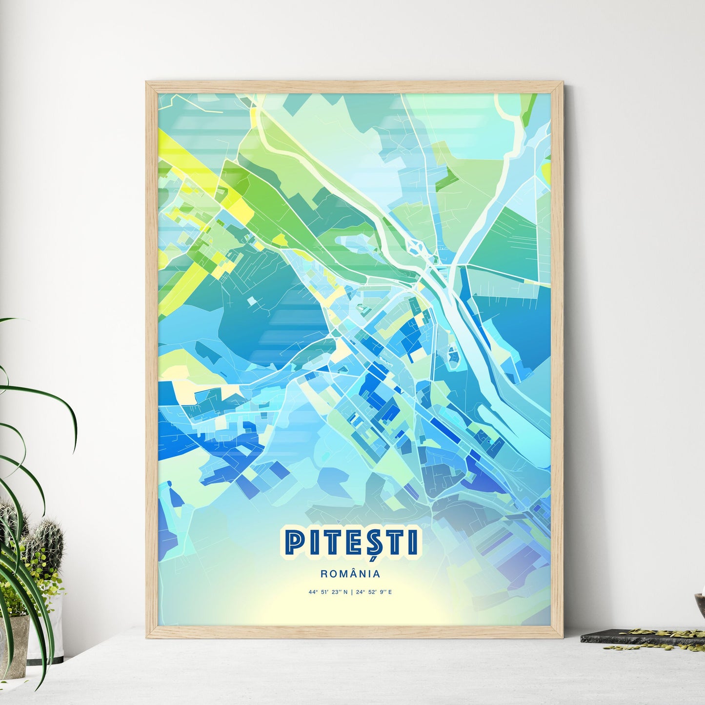 Colorful PITEȘTI ROMANIA Fine Art Map Cool Blue