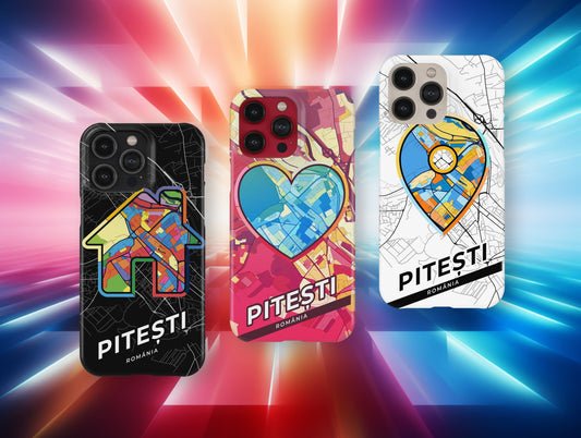 Pitești Romania slim phone case with colorful icon. Birthday, wedding or housewarming gift. Couple match cases.