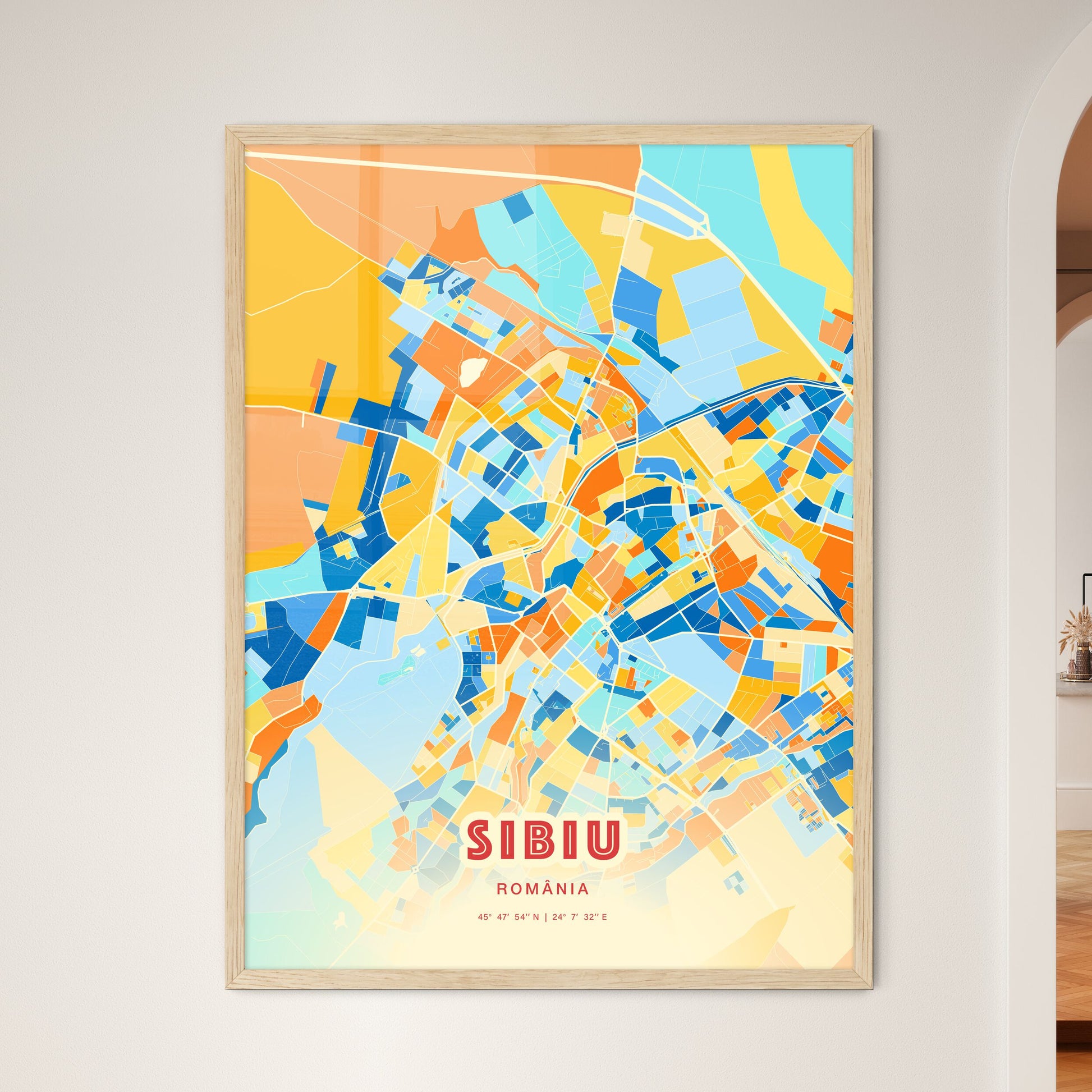 Colorful SIBIU ROMANIA Fine Art Map Blue Orange