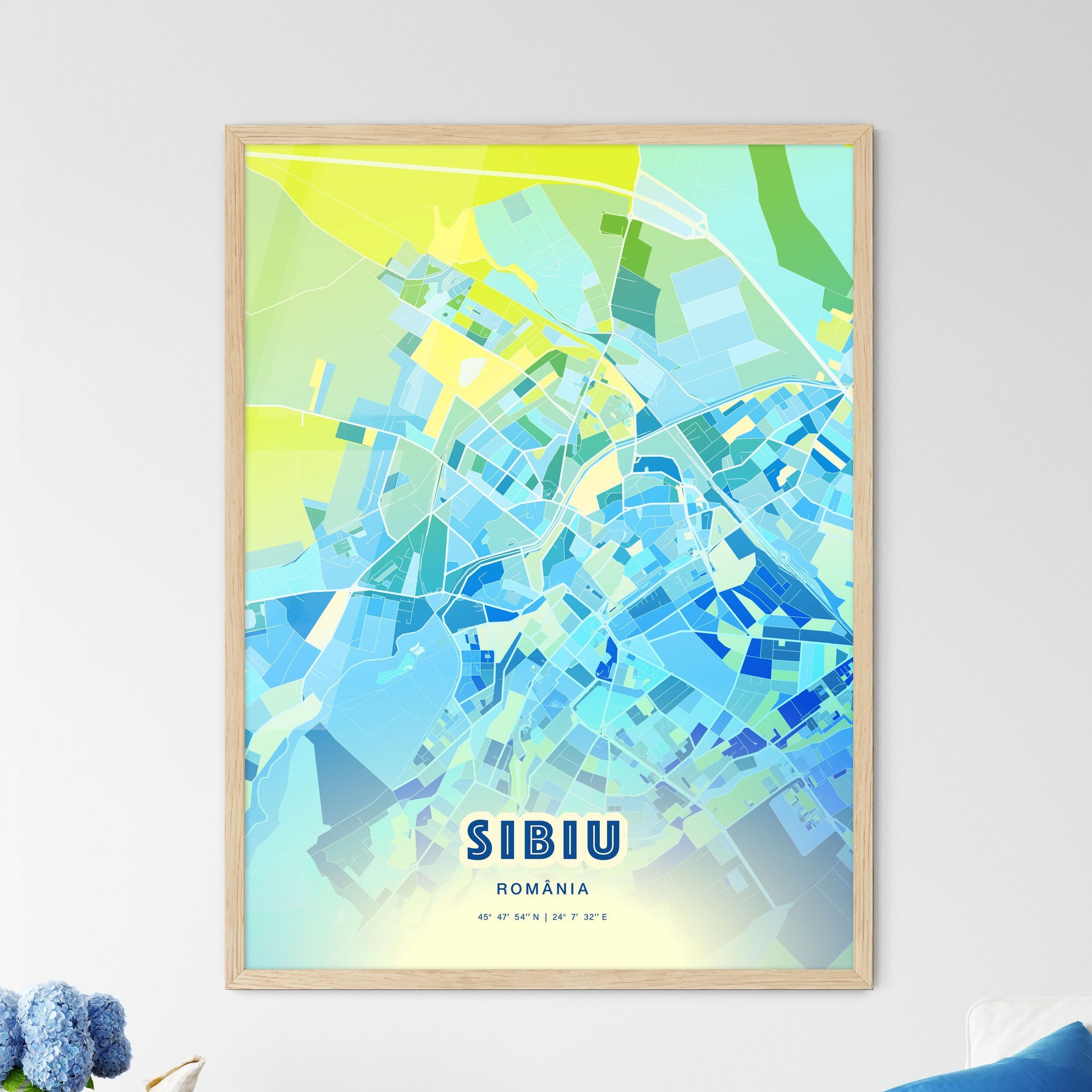 Colorful SIBIU ROMANIA Fine Art Map Cool Blue