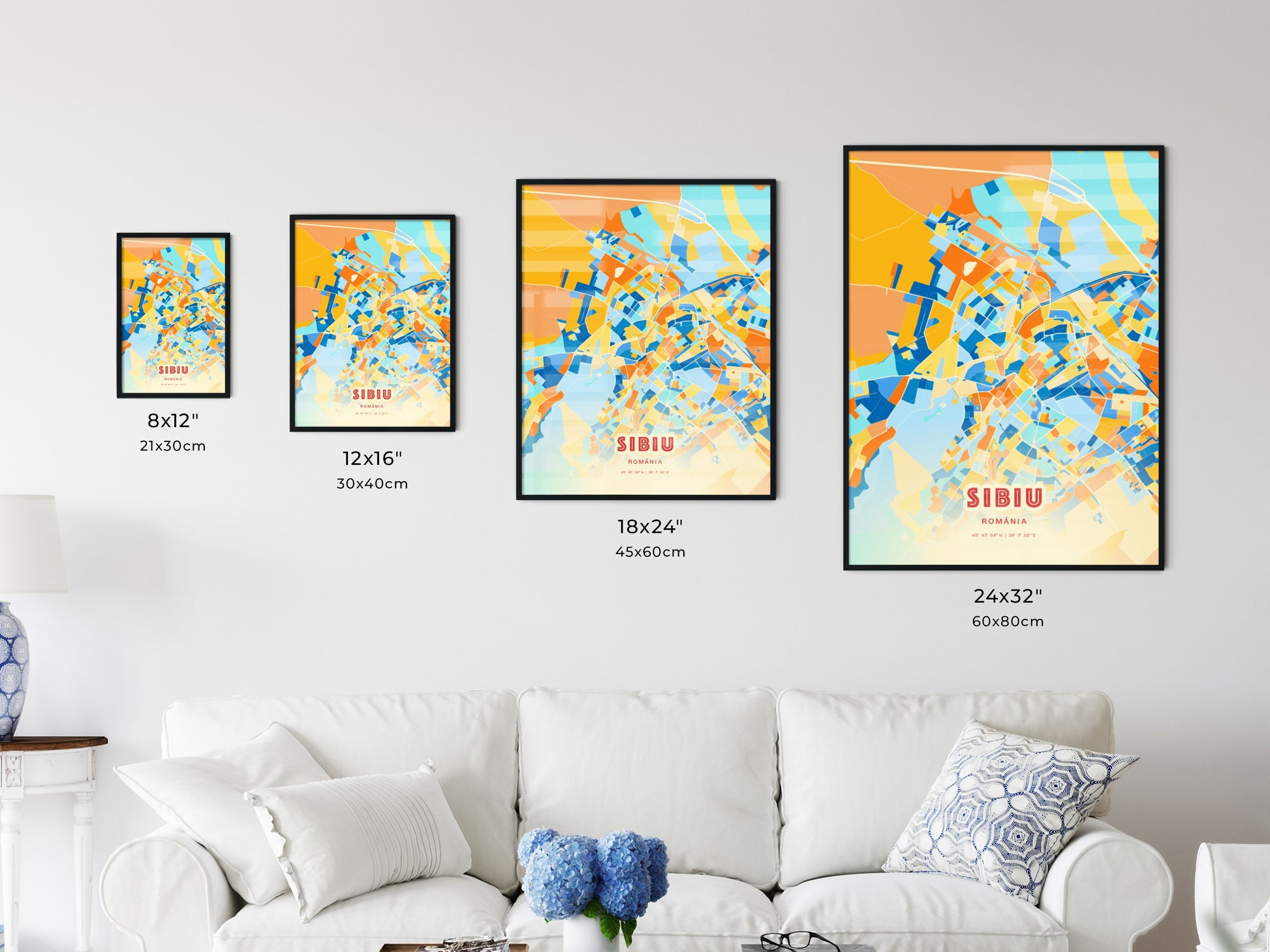 Colorful SIBIU ROMANIA Fine Art Map Blue Orange