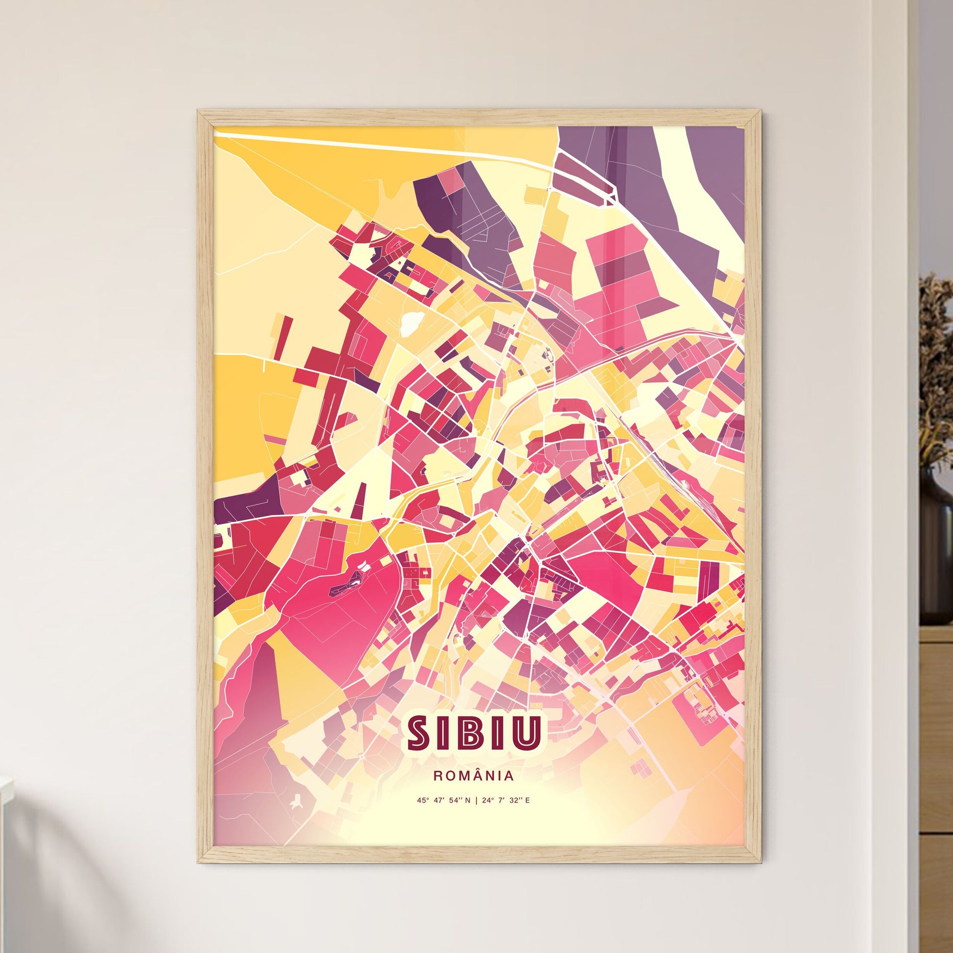 Colorful SIBIU ROMANIA Fine Art Map Hot Red