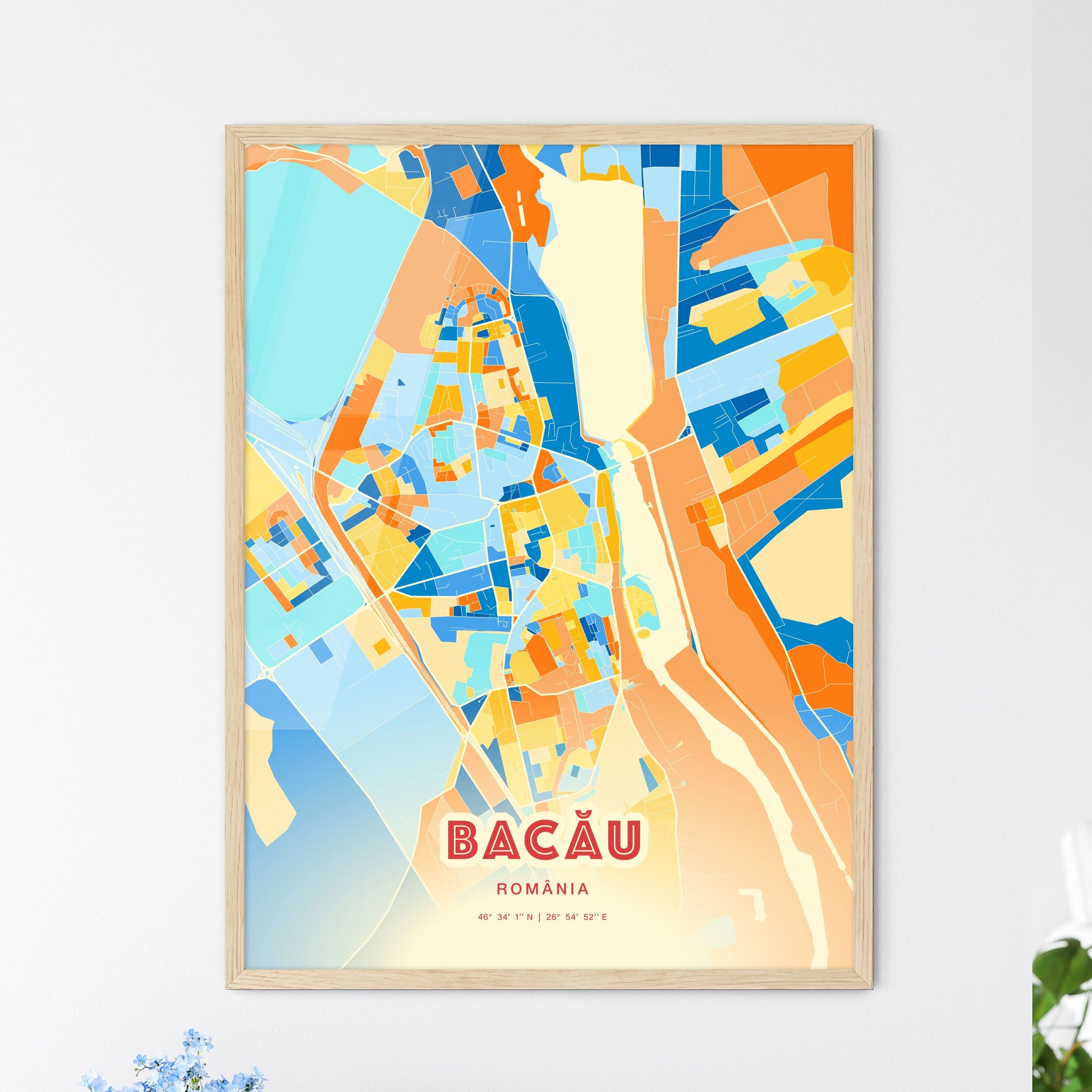 Colorful BACĂU ROMANIA Fine Art Map Blue Orange