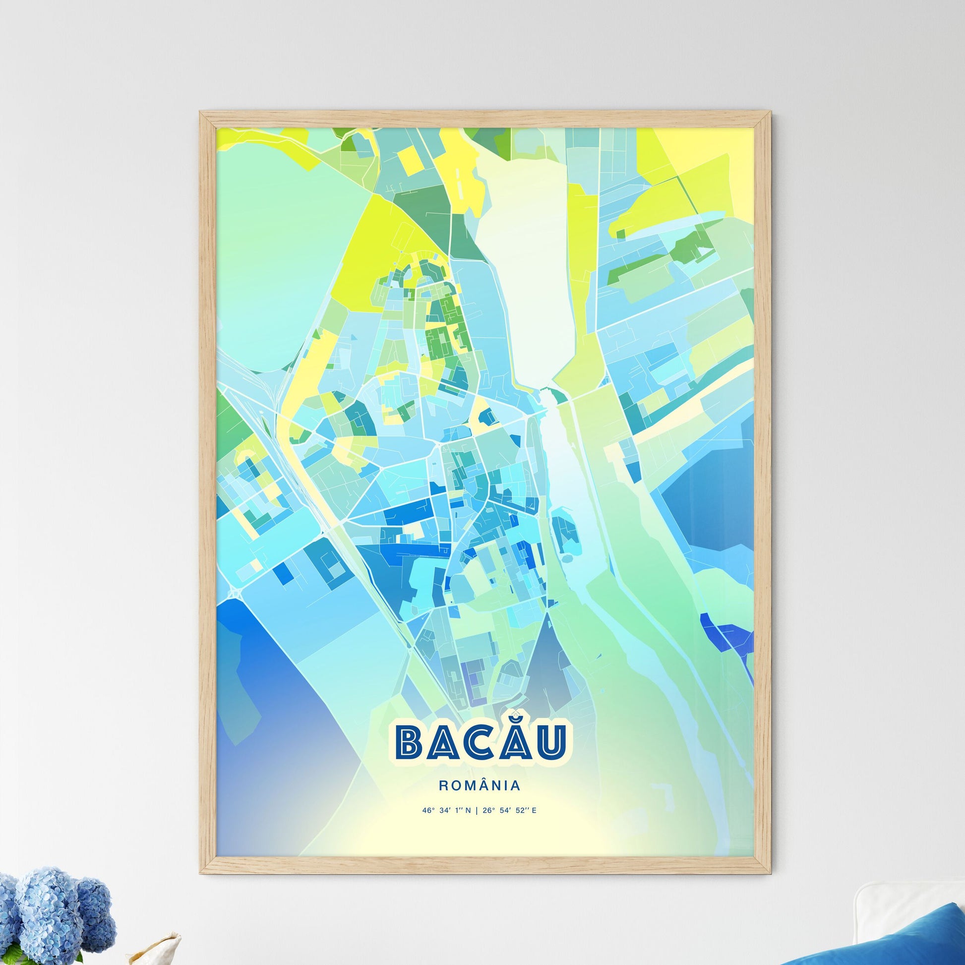 Colorful BACĂU ROMANIA Fine Art Map Cool Blue