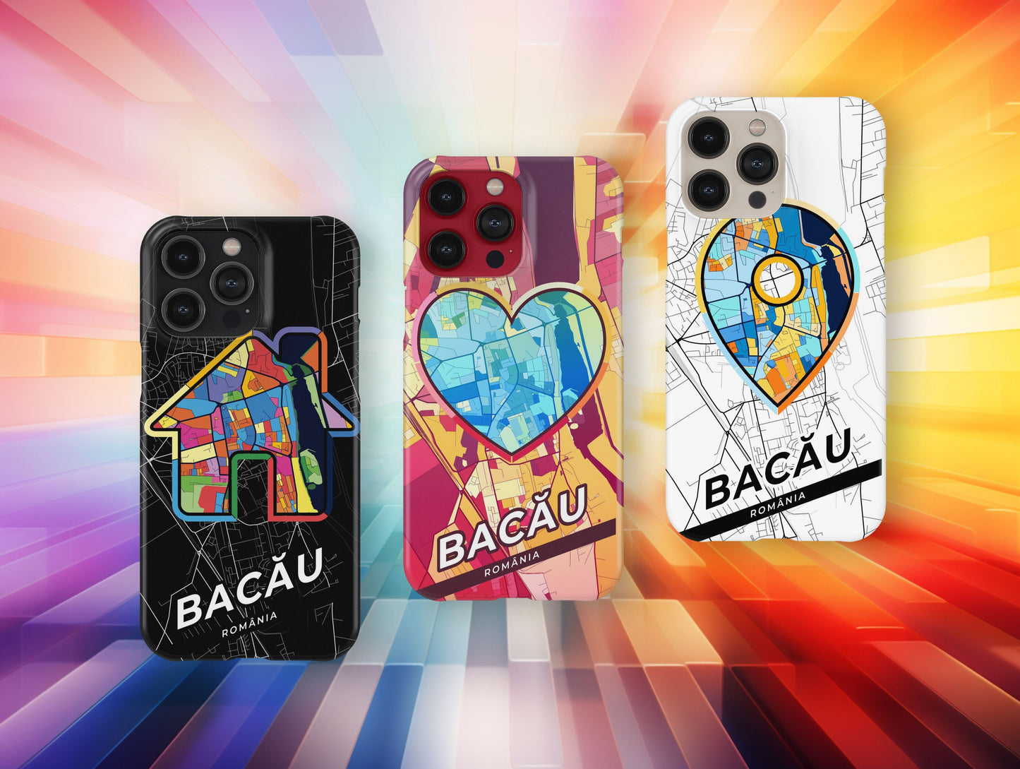 Bacău Romania slim phone case with colorful icon. Birthday, wedding or housewarming gift. Couple match cases.