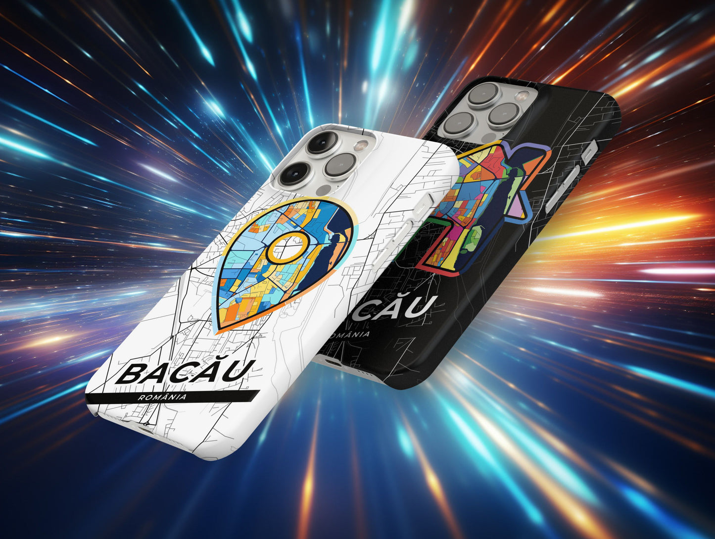 Bacău Romania slim phone case with colorful icon. Birthday, wedding or housewarming gift. Couple match cases.