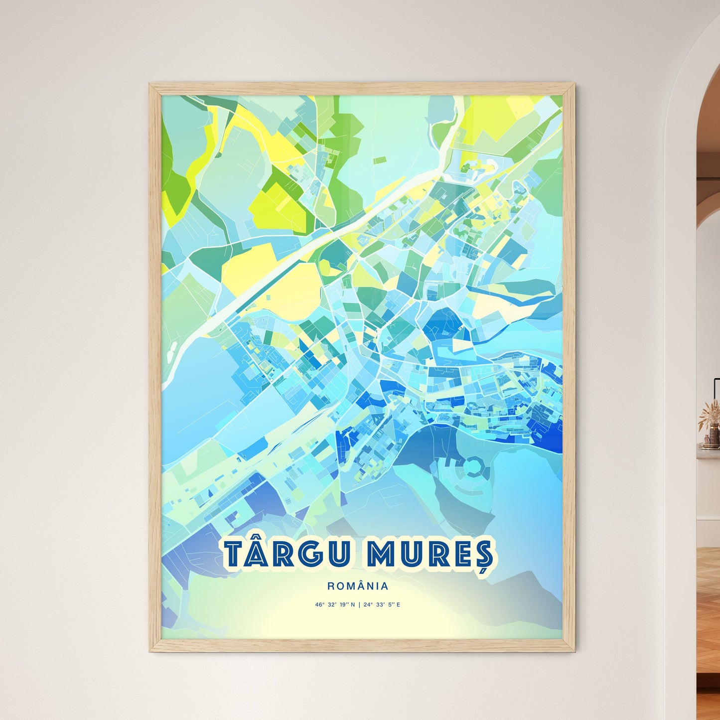 Colorful TÂRGU MUREȘ ROMANIA Fine Art Map Cool Blue