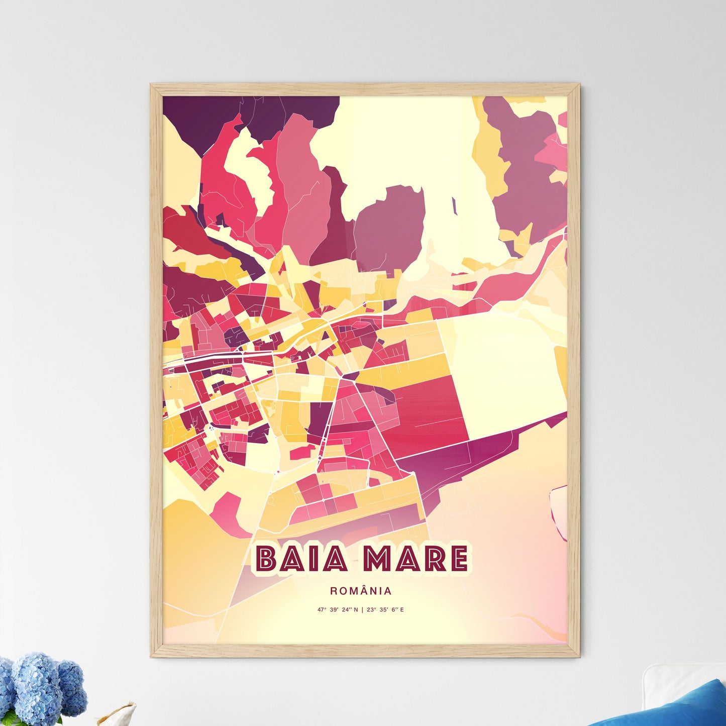 Colorful BAIA MARE ROMANIA Fine Art Map Hot Red