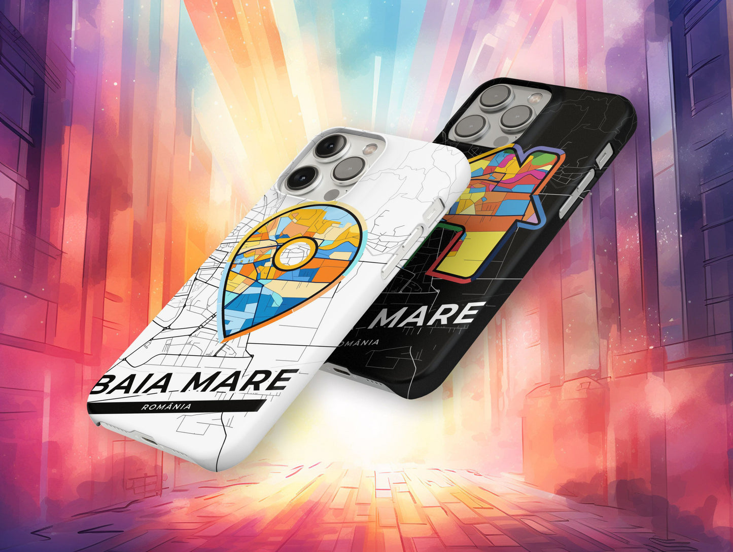 Baia Mare Romania slim phone case with colorful icon. Birthday, wedding or housewarming gift. Couple match cases.