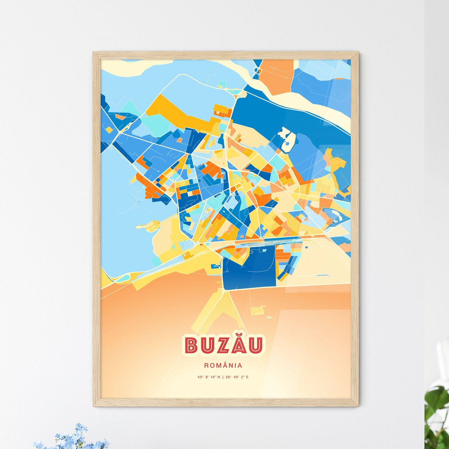 Colorful BUZĂU ROMANIA Fine Art Map Blue Orange