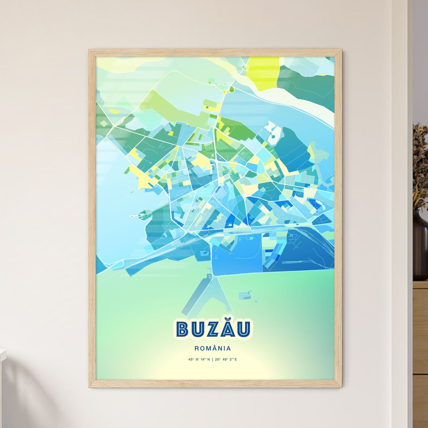 Colorful BUZĂU ROMANIA Fine Art Map Cool Blue