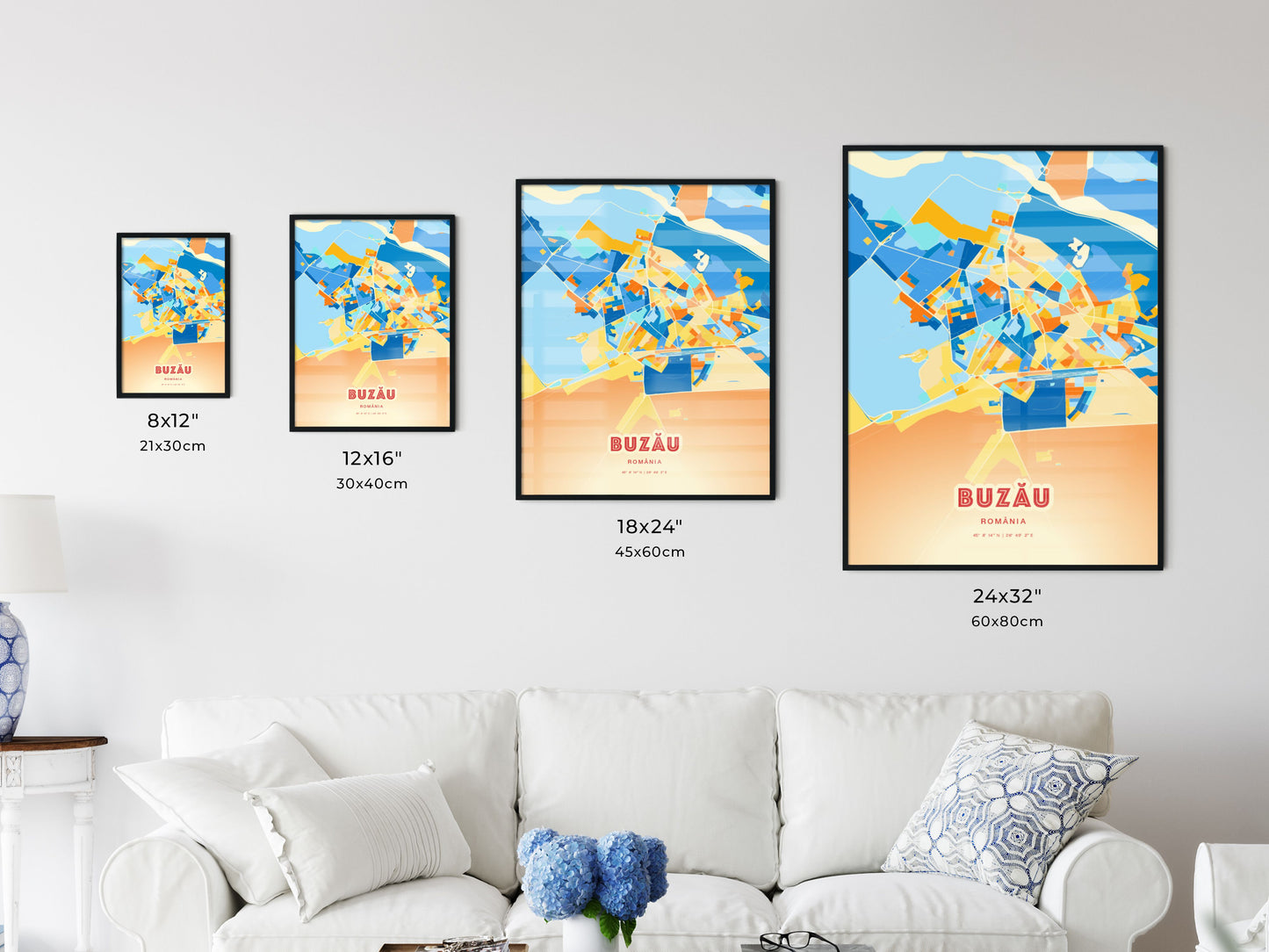 Colorful BUZĂU ROMANIA Fine Art Map Blue Orange