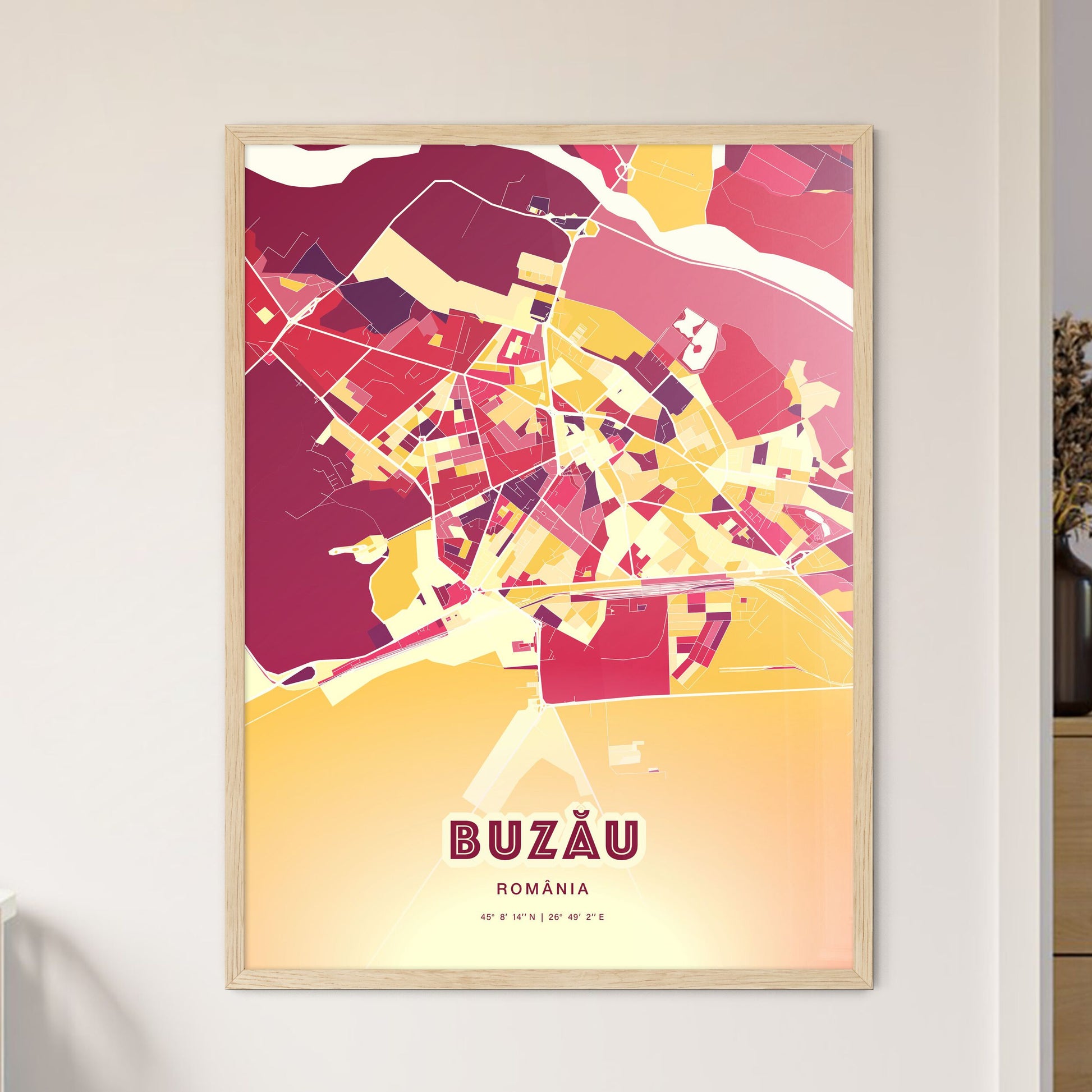 Colorful BUZĂU ROMANIA Fine Art Map Hot Red