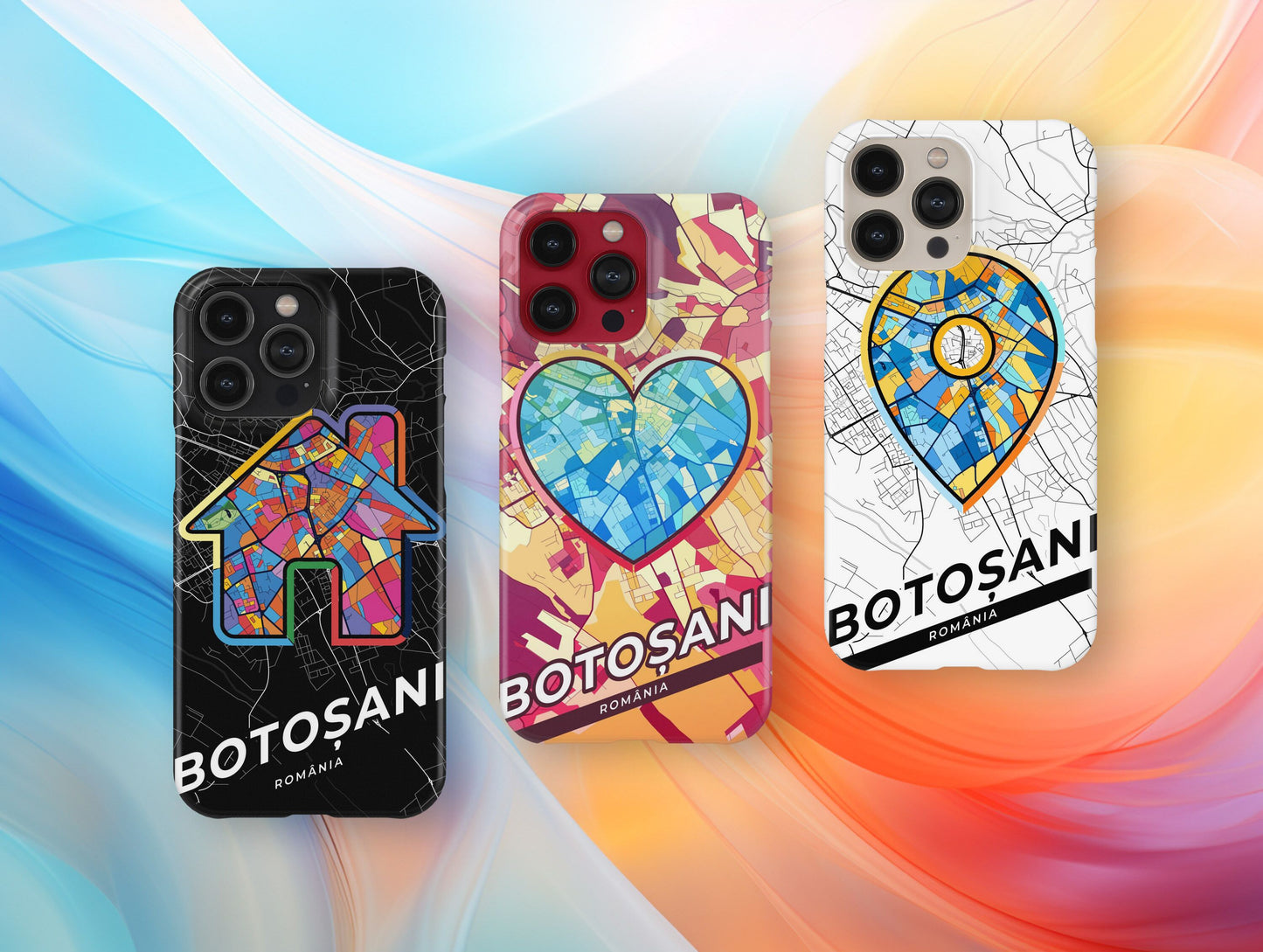 Botoșani Romania slim phone case with colorful icon. Birthday, wedding or housewarming gift. Couple match cases.