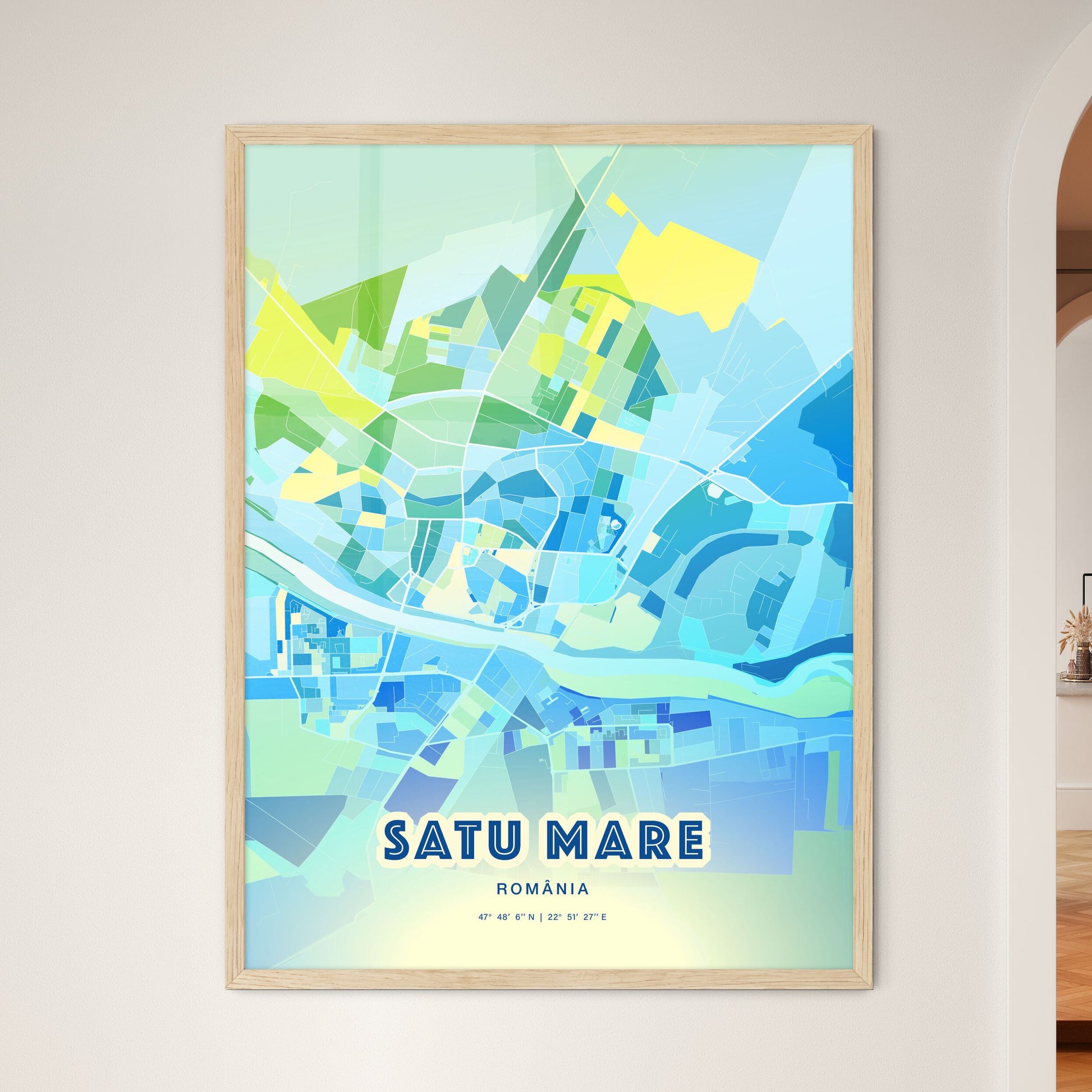 Colorful SATU MARE ROMANIA Fine Art Map Cool Blue