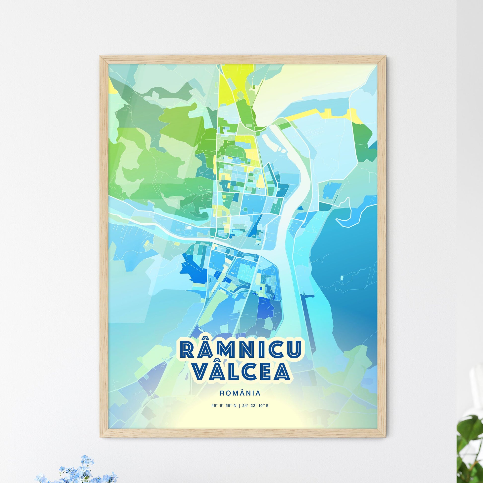 Colorful RÂMNICU VÂLCEA ROMANIA Fine Art Map Cool Blue