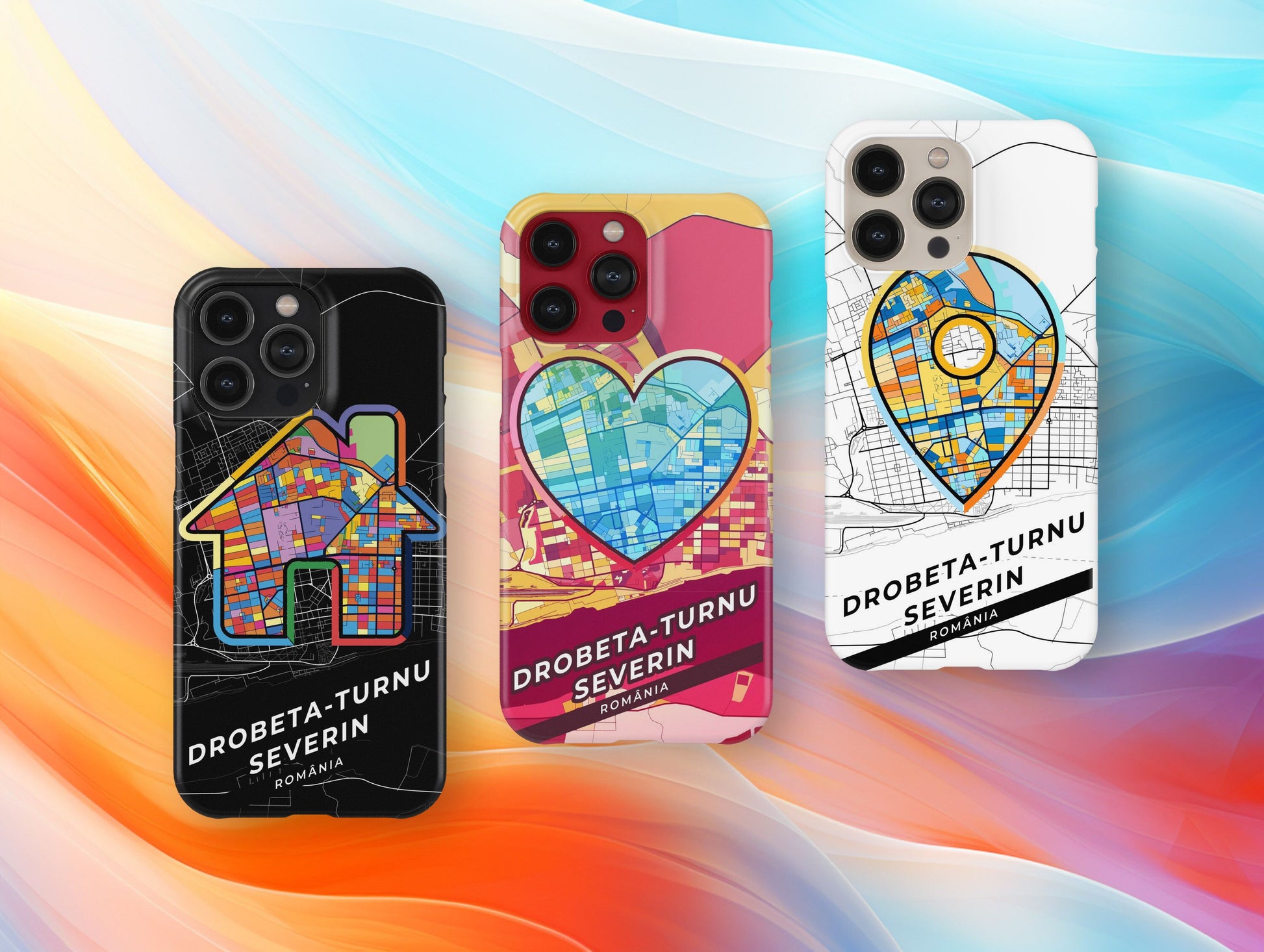 Drobeta-Turnu Severin Romania slim phone case with colorful icon. Birthday, wedding or housewarming gift. Couple match cases.