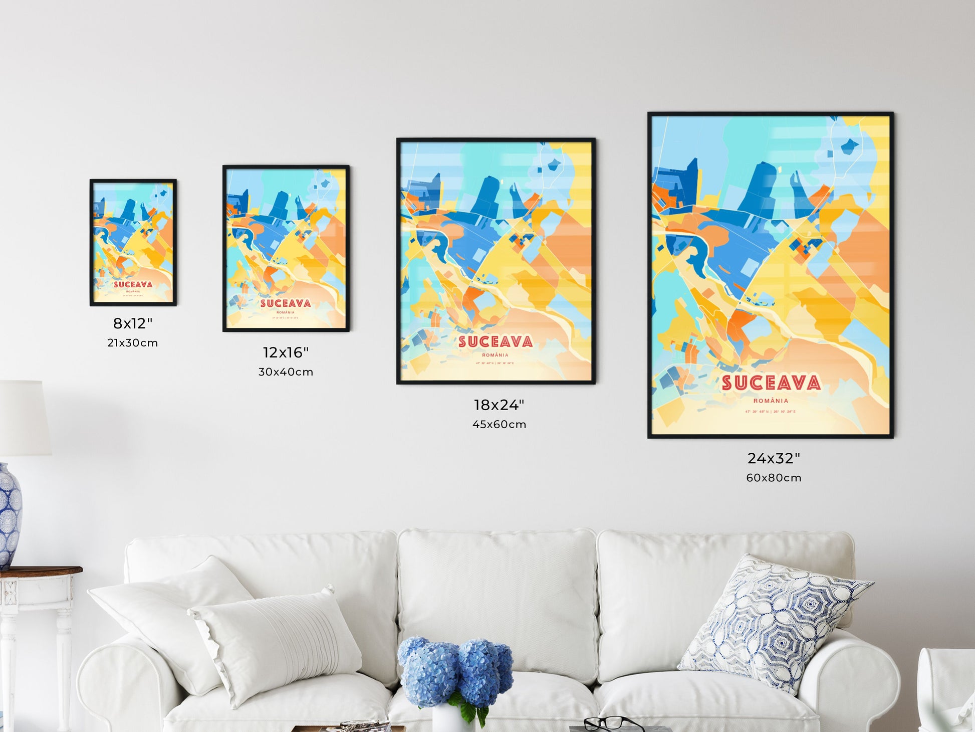 Colorful SUCEAVA ROMANIA Fine Art Map Blue Orange