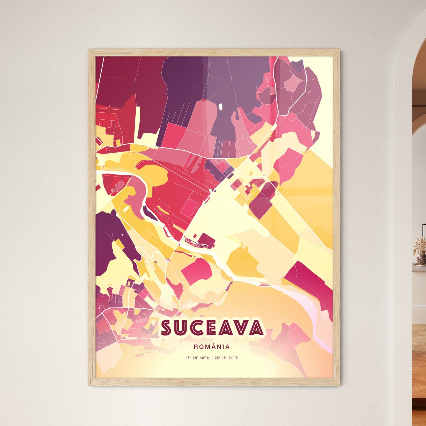 Colorful SUCEAVA ROMANIA Fine Art Map Hot Red