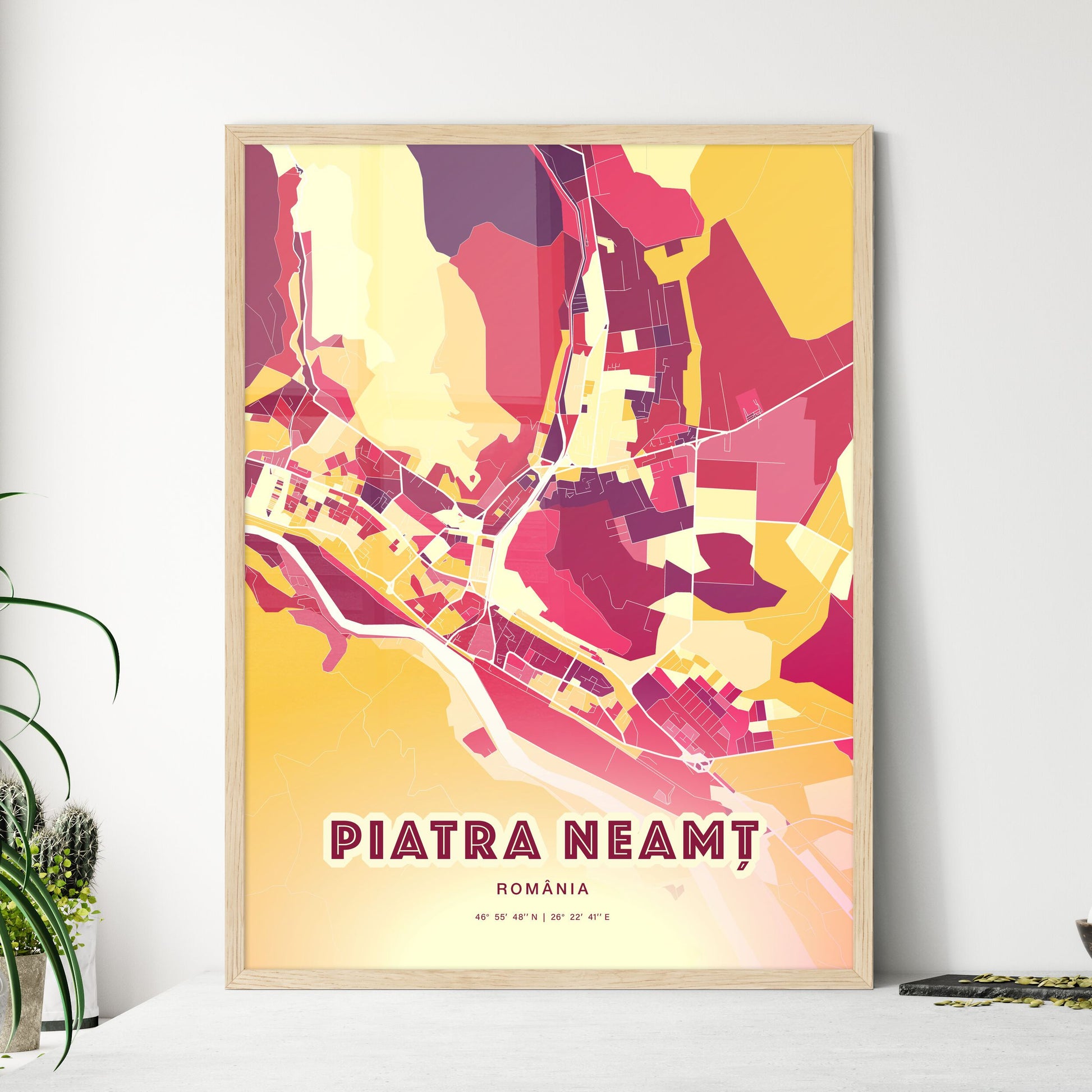 Colorful PIATRA NEAMȚ ROMANIA Fine Art Map Hot Red