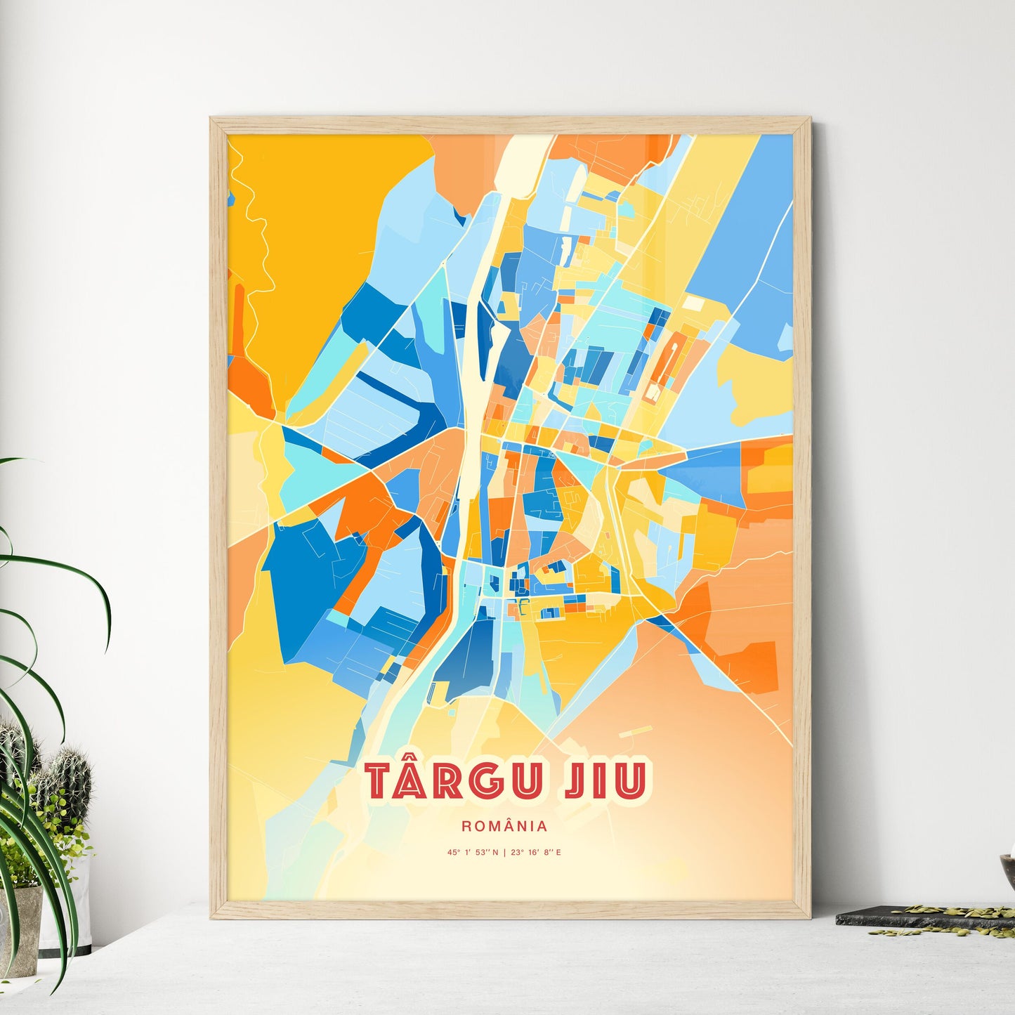 Colorful TÂRGU JIU ROMANIA Fine Art Map Blue Orange