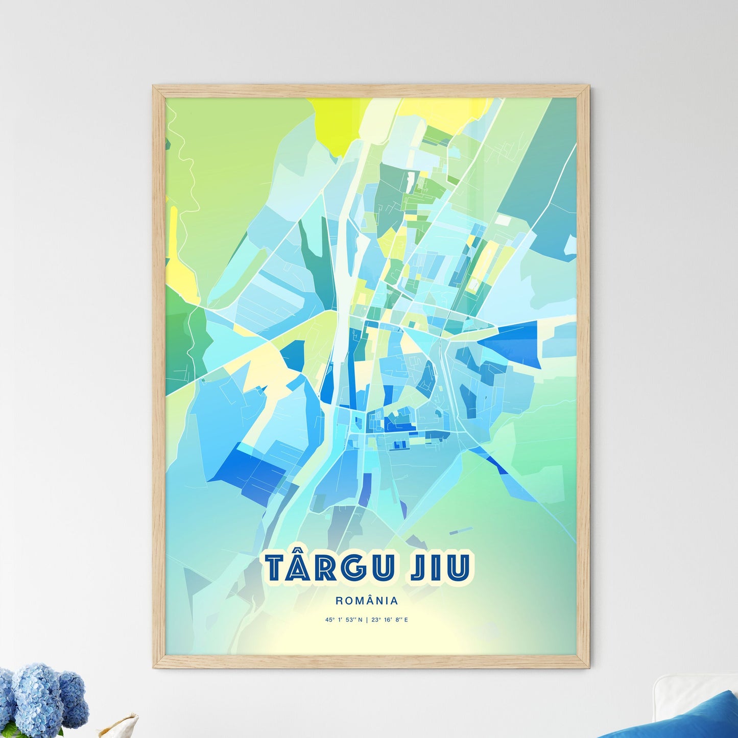 Colorful TÂRGU JIU ROMANIA Fine Art Map Cool Blue