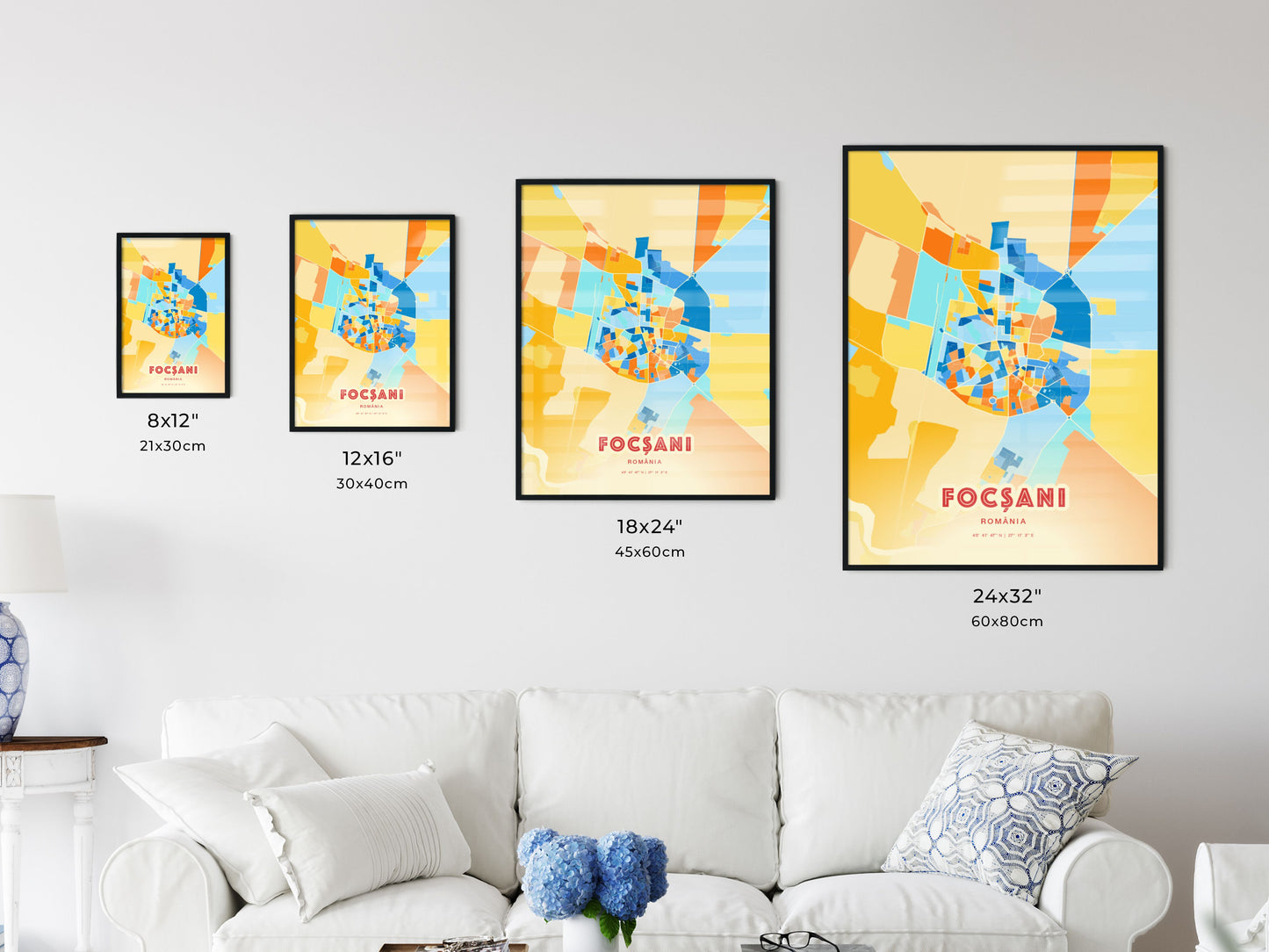 Colorful FOCȘANI ROMANIA Fine Art Map Blue Orange