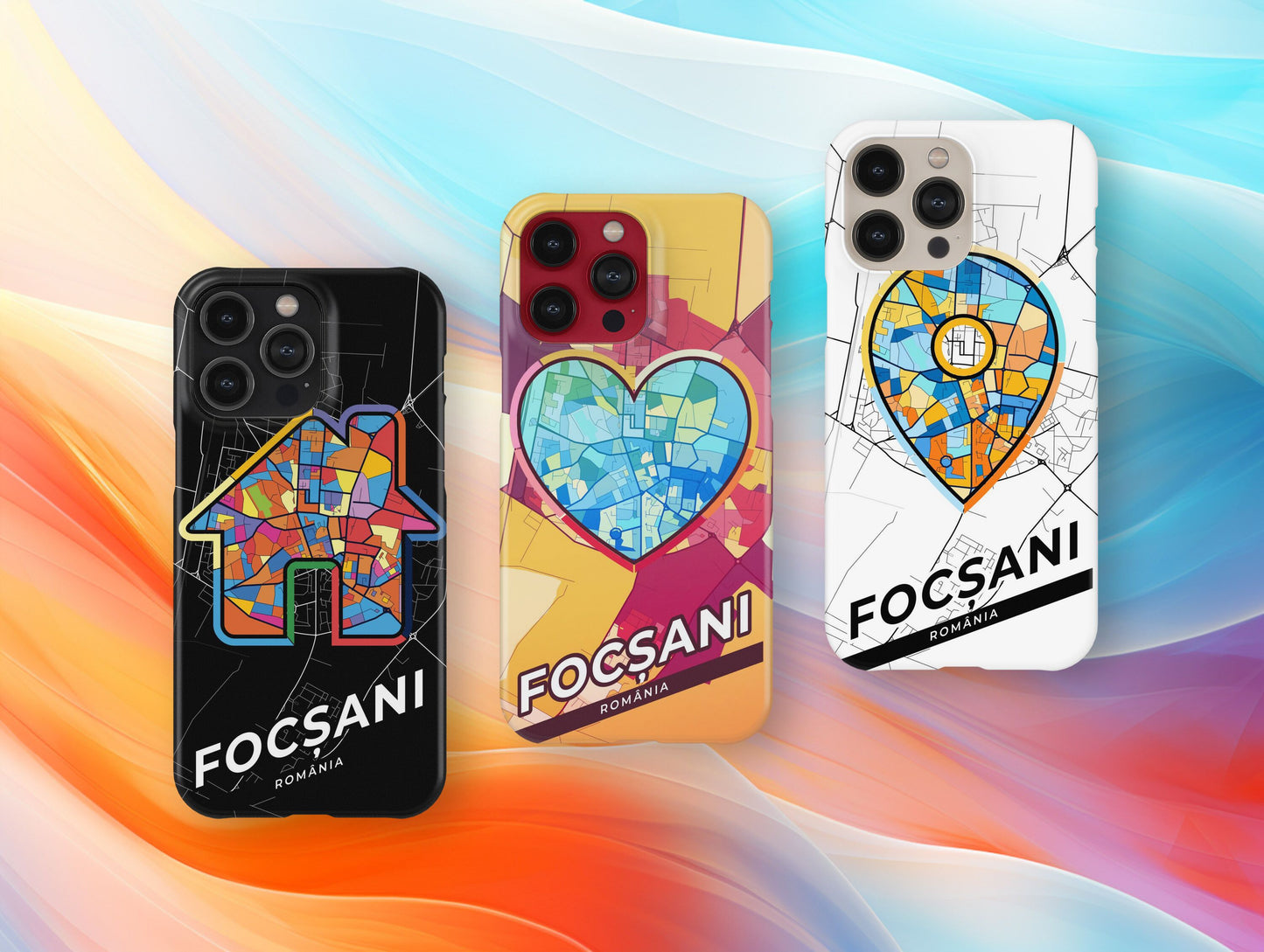 Focșani Romania slim phone case with colorful icon. Birthday, wedding or housewarming gift. Couple match cases.