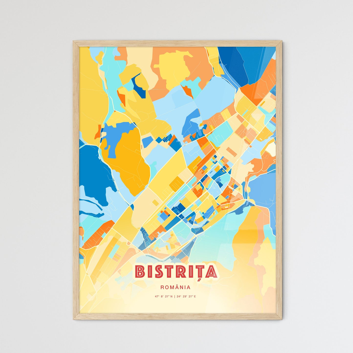 Colorful BISTRIȚA ROMANIA Fine Art Map Blue Orange