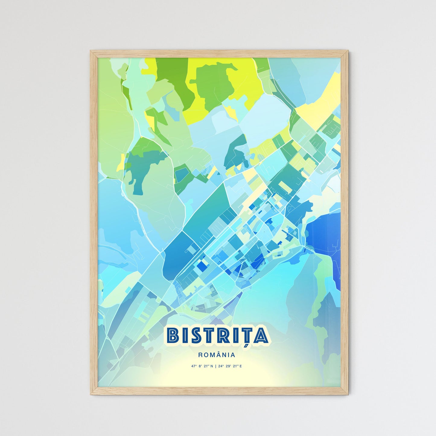 Colorful BISTRIȚA ROMANIA Fine Art Map Cool Blue