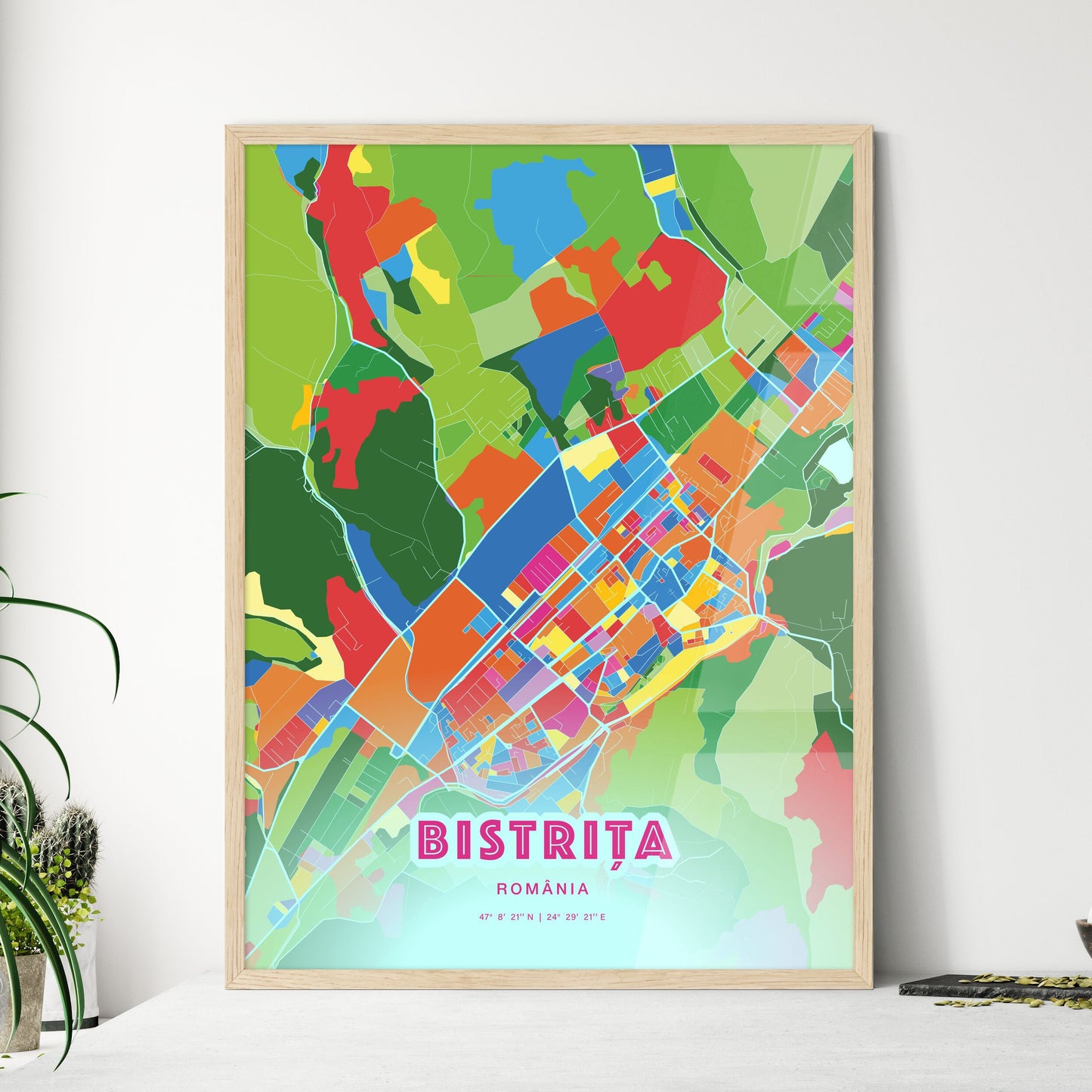 Colorful BISTRIȚA ROMANIA Fine Art Map Crazy Colors