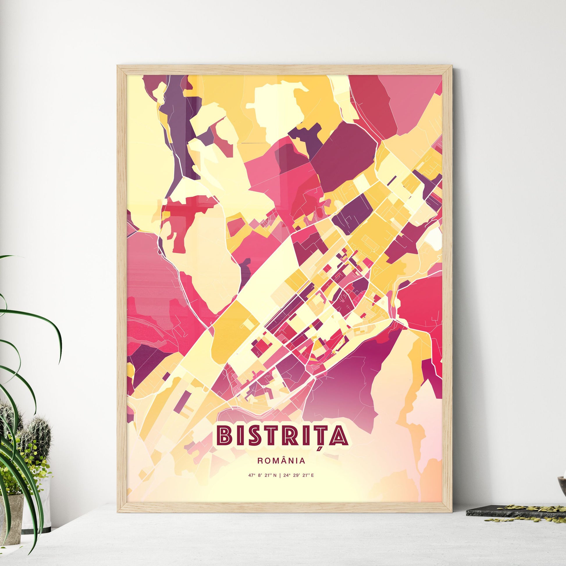 Colorful BISTRIȚA ROMANIA Fine Art Map Hot Red