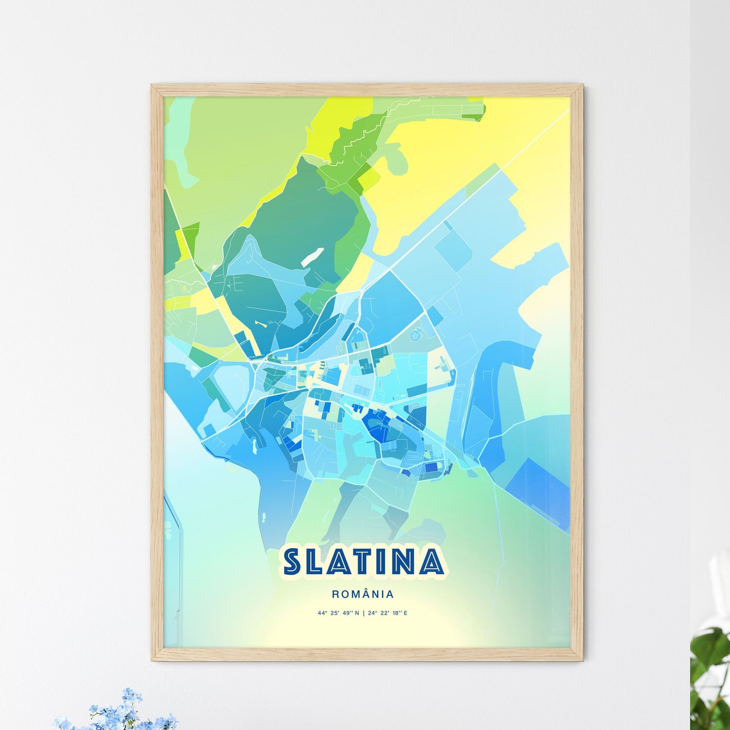 Colorful SLATINA ROMANIA Fine Art Map Cool Blue