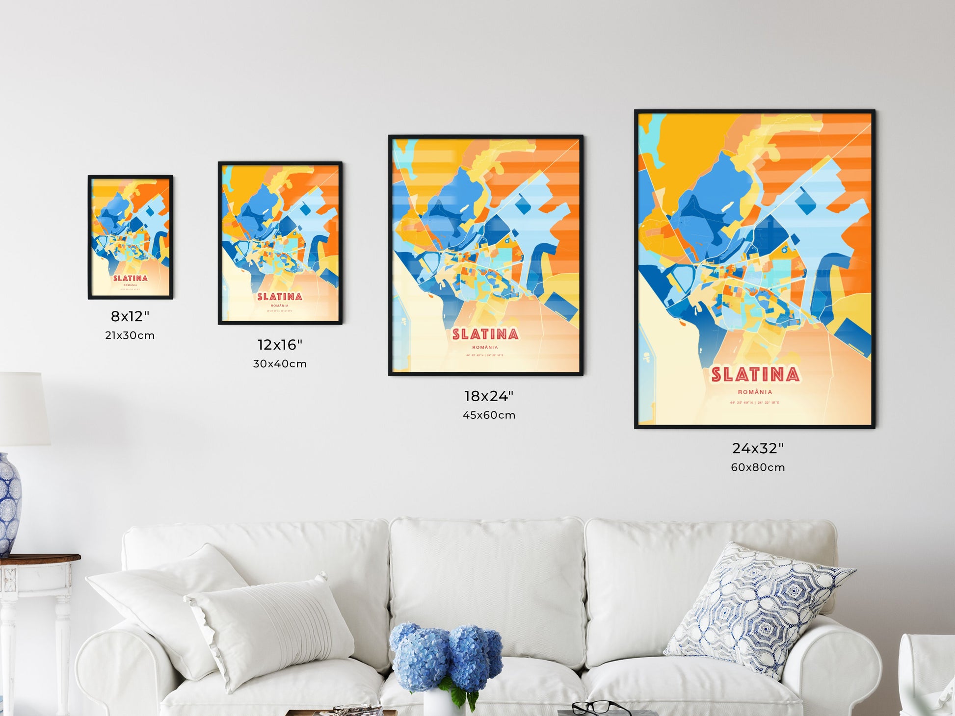 Colorful SLATINA ROMANIA Fine Art Map Blue Orange