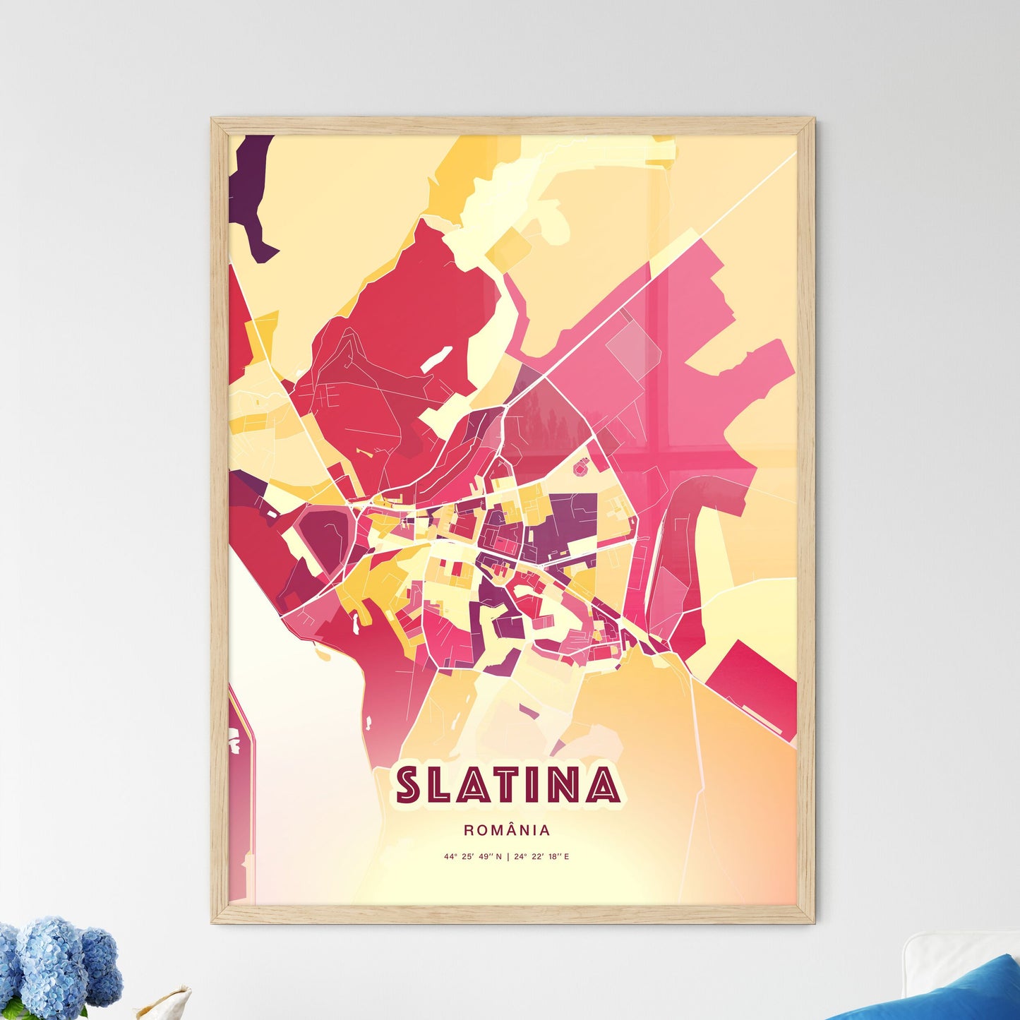 Colorful SLATINA ROMANIA Fine Art Map Hot Red