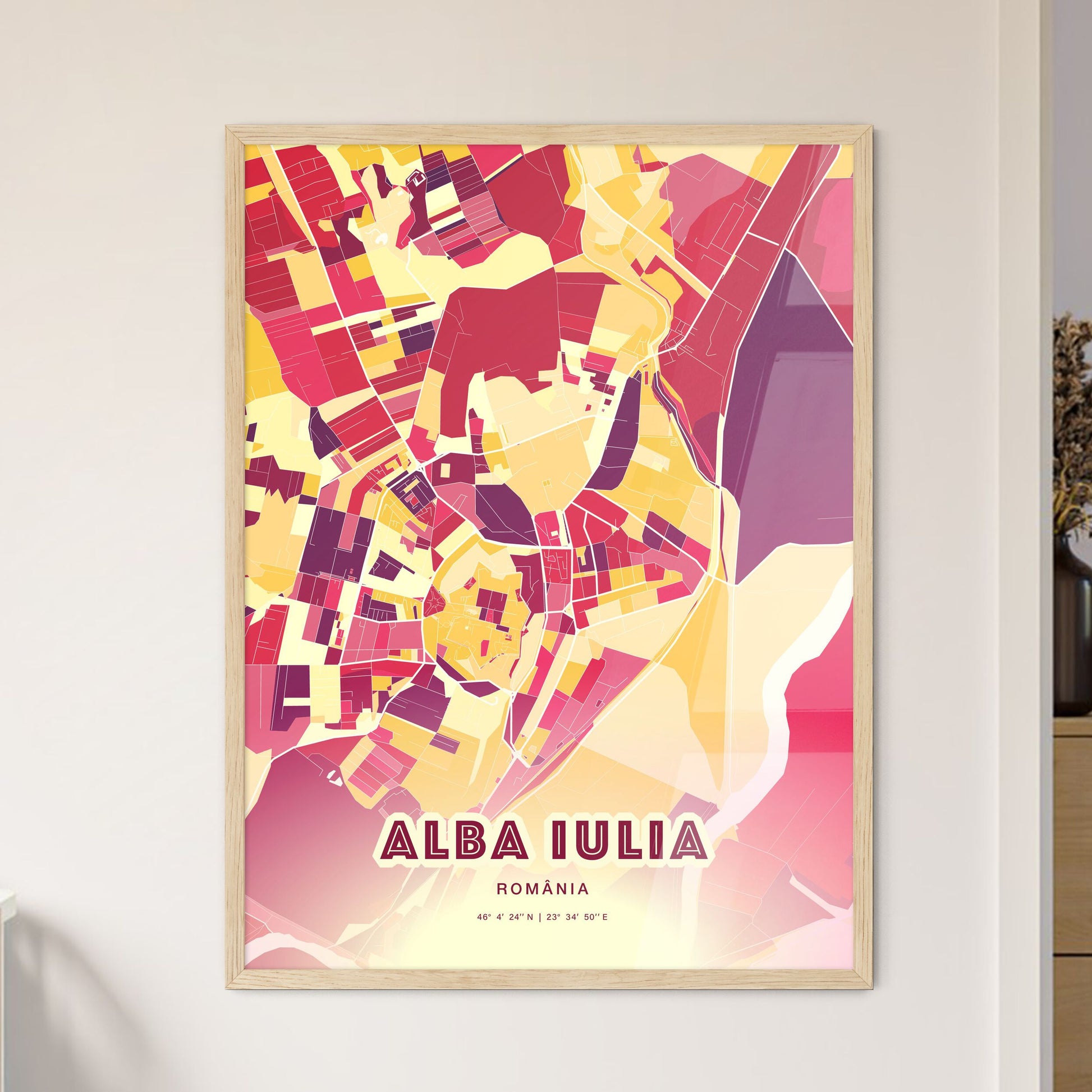 Colorful ALBA IULIA ROMANIA Fine Art Map Hot Red