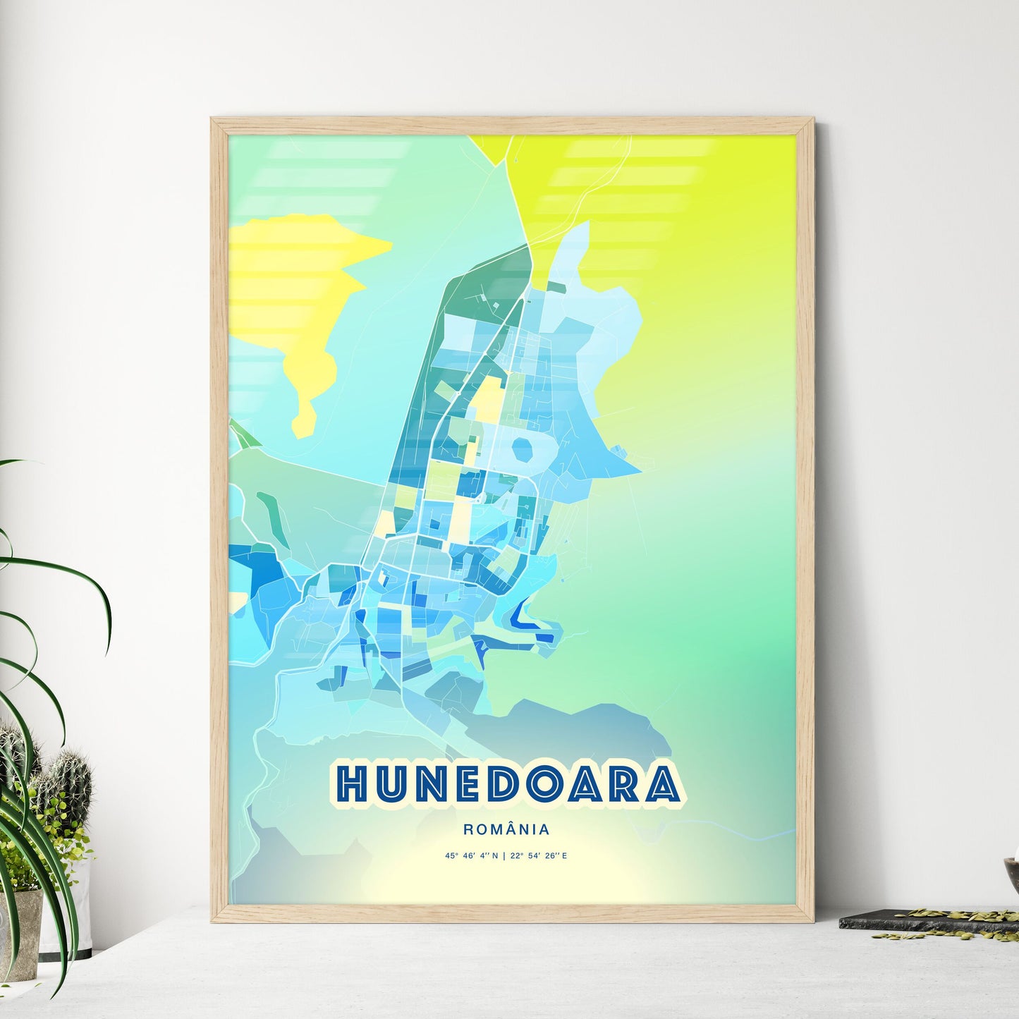 Colorful HUNEDOARA ROMANIA Fine Art Map Cool Blue